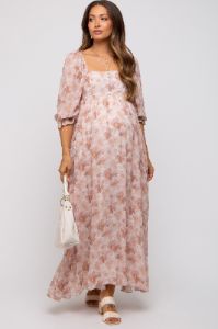 Ivory Floral Chiffon Square Neck Maternity Midi Dress sold by Pinkblush