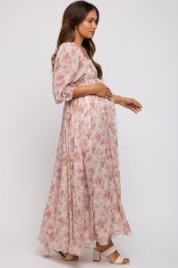 Ivory Floral Chiffon Square Neck Maternity Midi Dress sold by Pinkblush