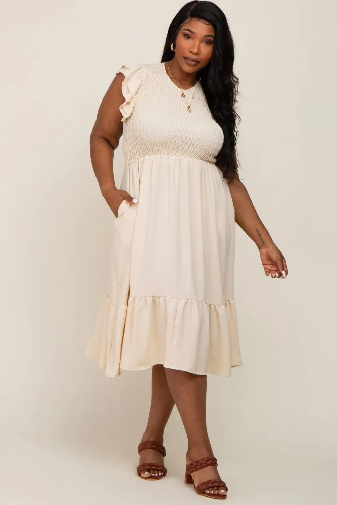 Beige Smocked Layered Ruffle Flutter Sleeve Plus Midi Dress sold by Pinkblush product image thumbnail 5