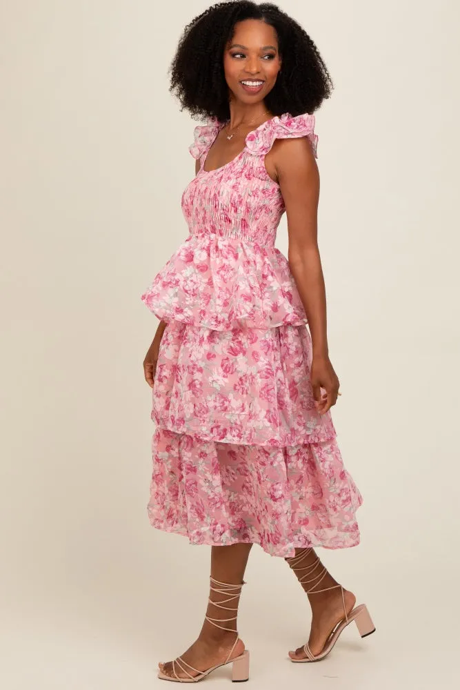 Pink Floral Smocked Tiered Layered Midi Dress sold by Pinkblush product image thumbnail 3