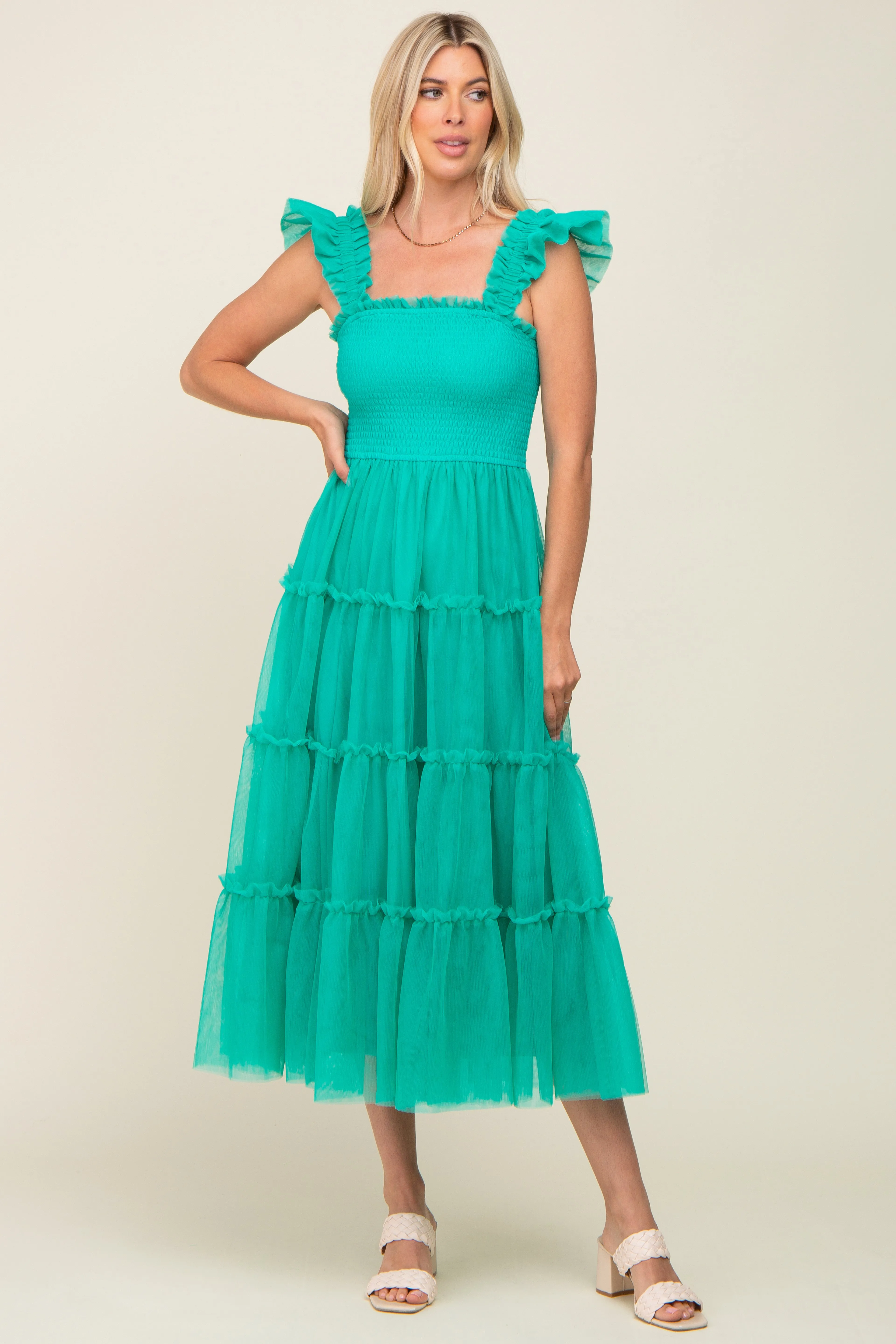Jade Smocked Mesh Ruffle Accent Maternity Midi Dress sold by Pinkblush product image thumbnail 3