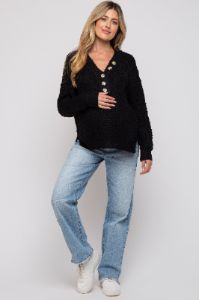 Black Henley Side Slit Maternity Sweater sold by Pinkblush
