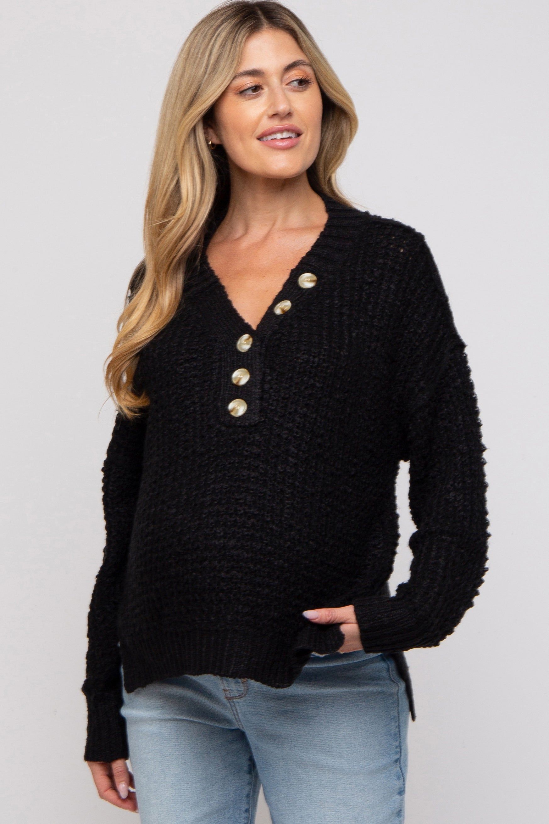 Black Henley Side Slit Maternity Sweater sold by Pinkblush