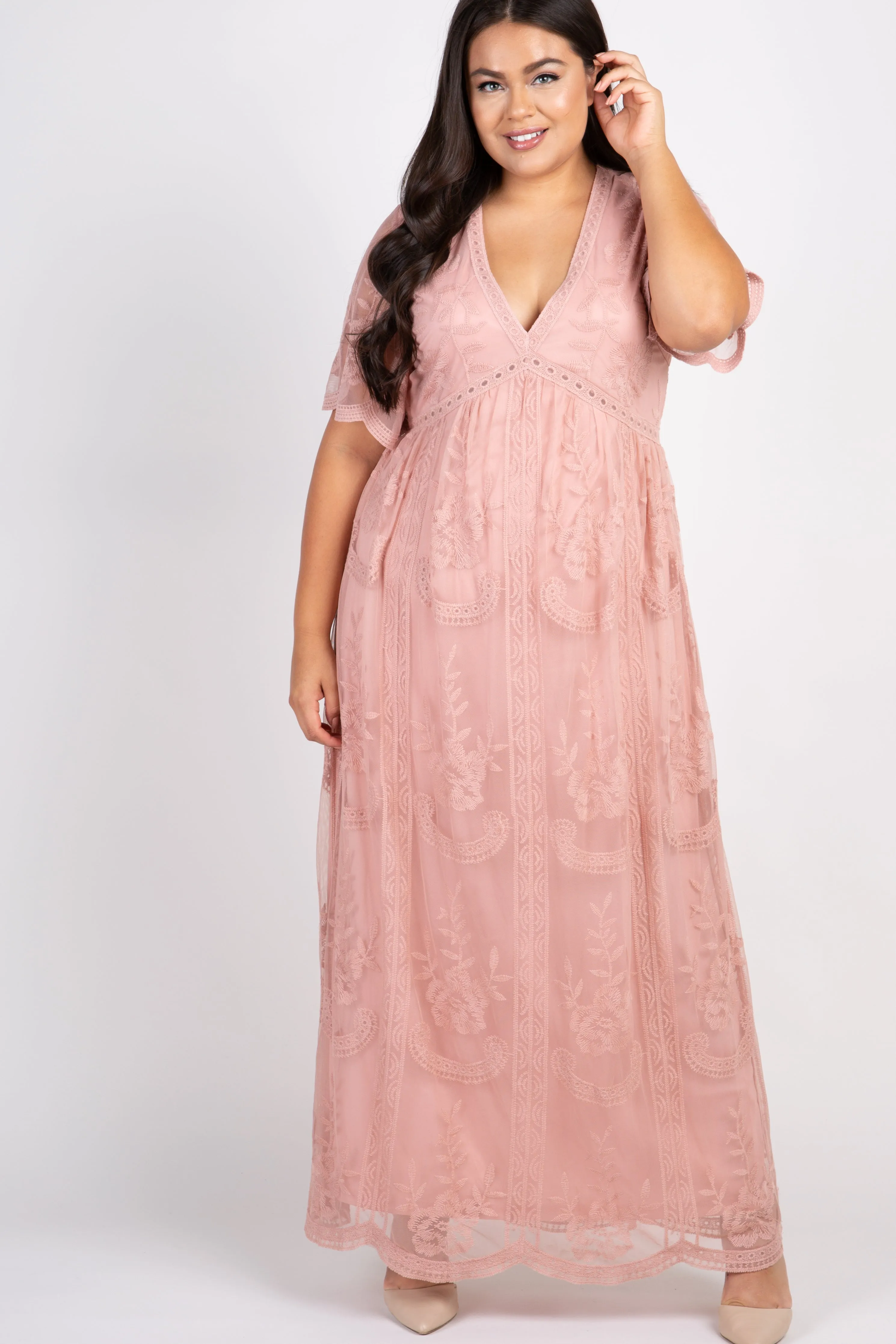 PinkBlush Light Pink Lace Mesh Overlay Plus Maxi Dress sold by Pinkblush