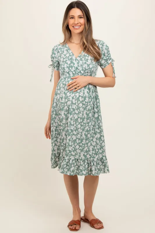Light Olive Floral Wrap Maternity Midi Dress sold by Pinkblush