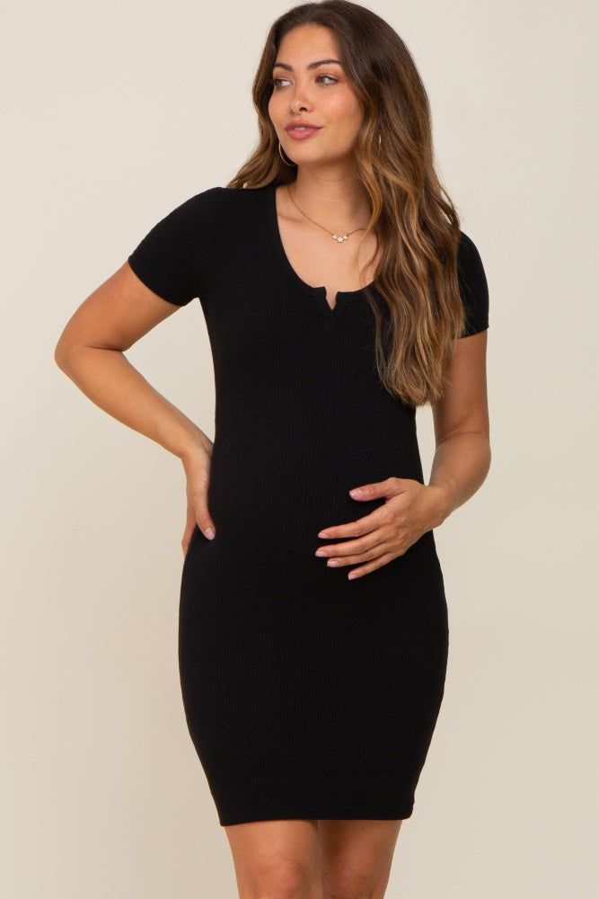 Black Split Neck Ribbed Fitted Maternity Dress sold by Pinkblush