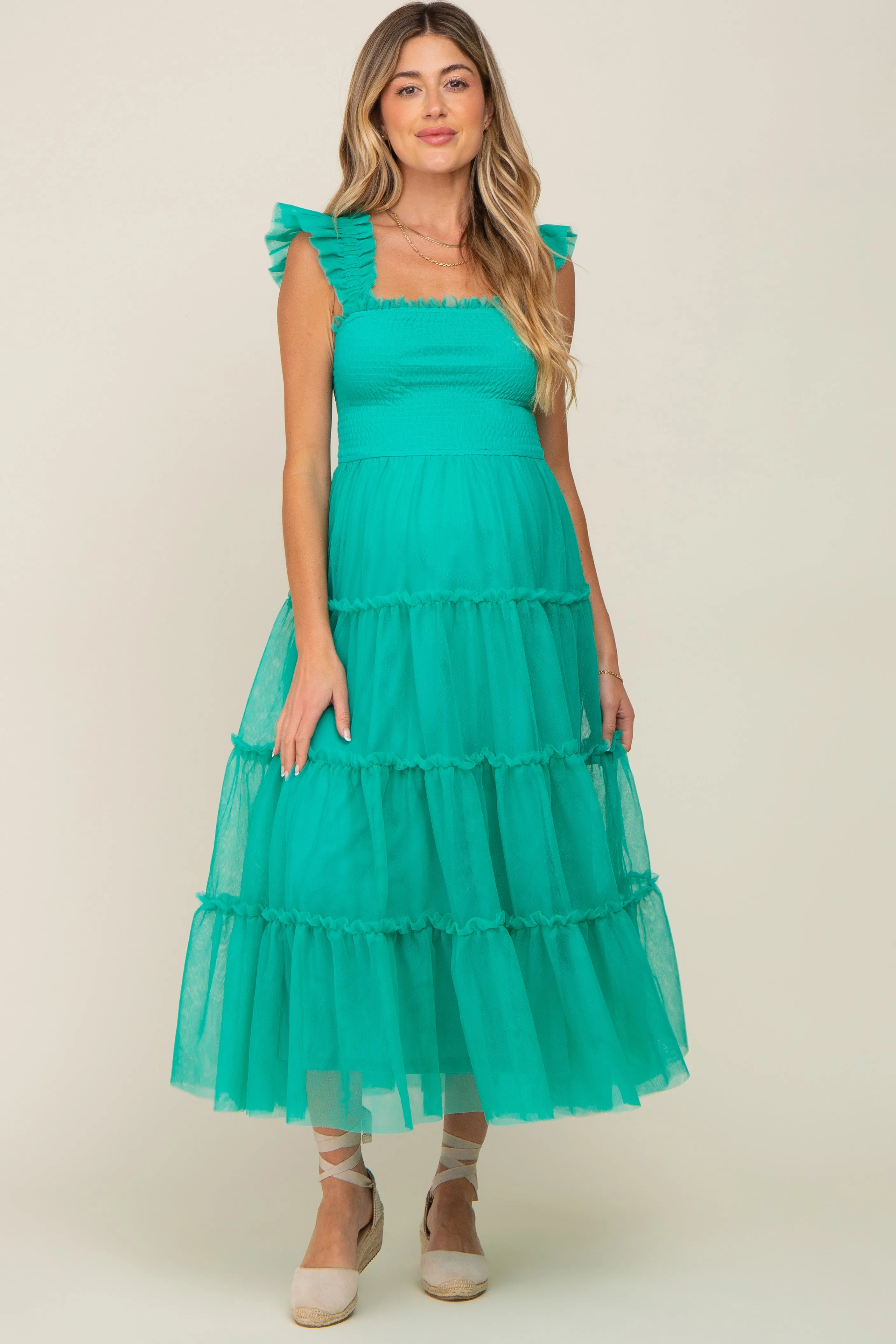 Jade Smocked Mesh Ruffle Accent Maternity Midi Dress sold by Pinkblush