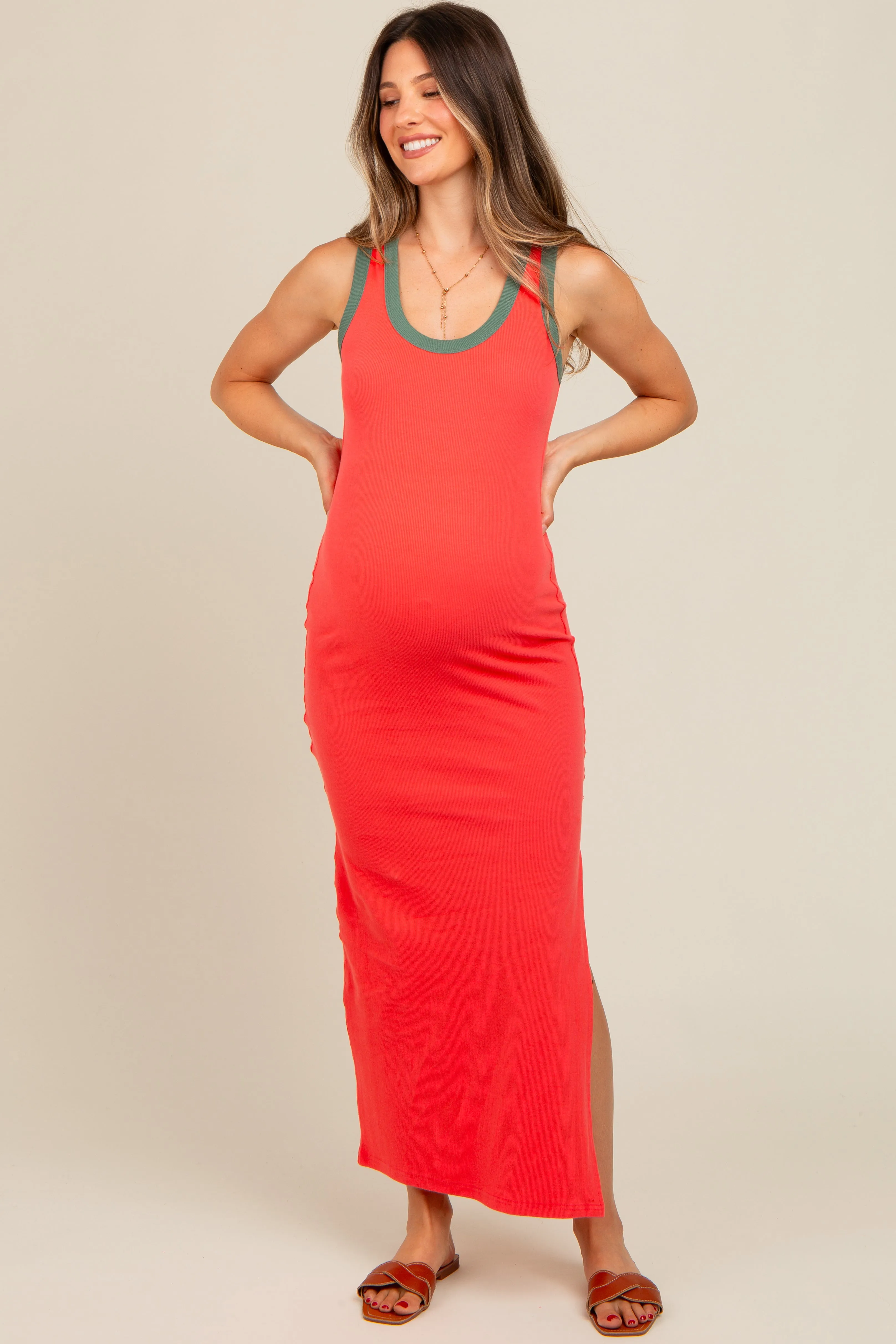 Coral Colorblock Side Slit Maternity Maxi Dress sold by Pinkblush product image thumbnail 3