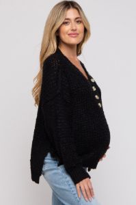 Black Henley Side Slit Maternity Sweater sold by Pinkblush