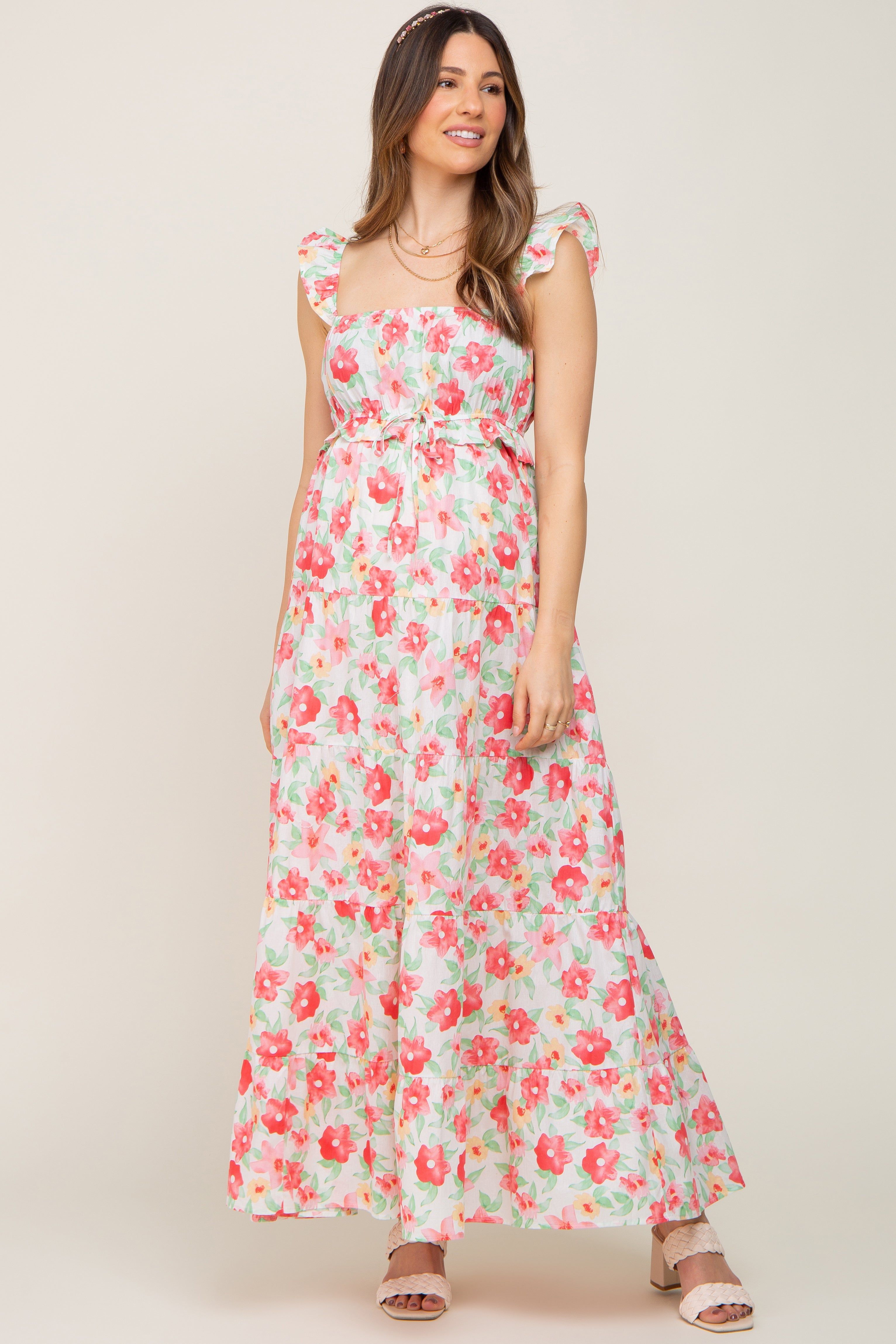 Ivory Floral Square Neck Ruffle Tiered Maternity Maxi Dress sold by Pinkblush product image thumbnail 4