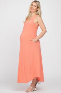 Coral V-Neck Round Hem Maternity Midi Dress sold by Pinkblush