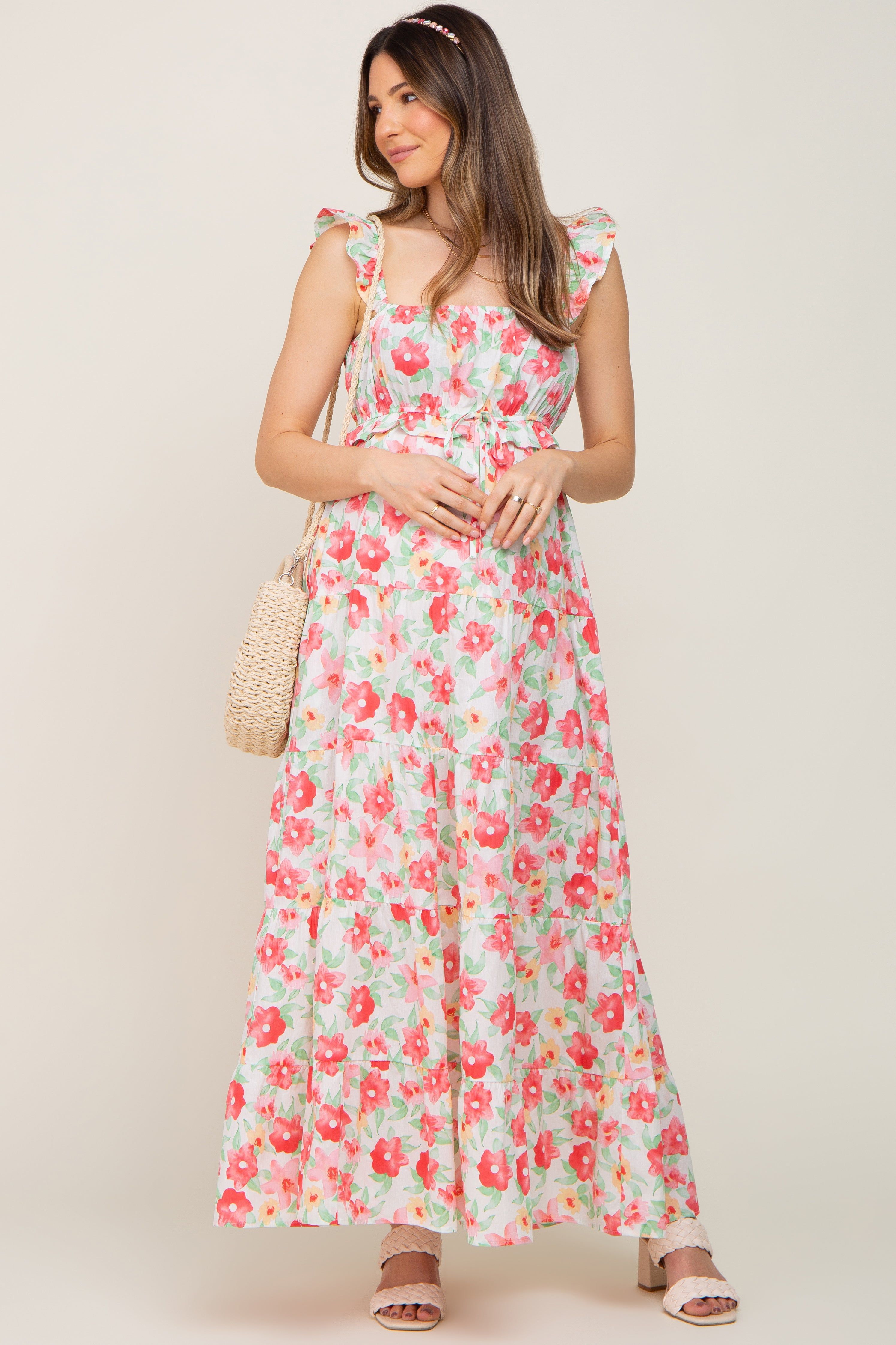 Ivory Floral Square Neck Ruffle Tiered Maternity Maxi Dress sold by Pinkblush product image thumbnail 5