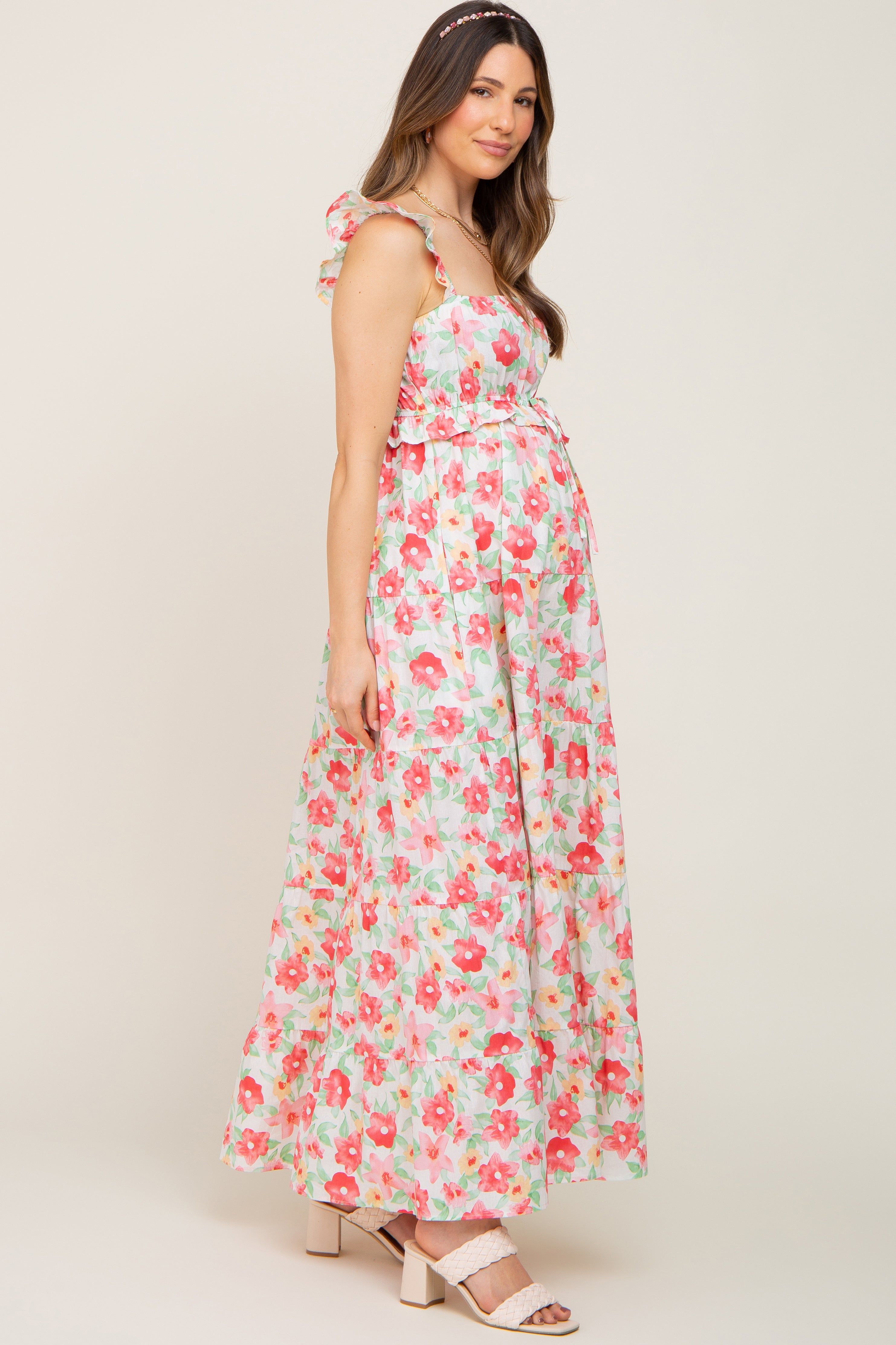 Ivory Floral Square Neck Ruffle Tiered Maternity Maxi Dress sold by Pinkblush product image thumbnail 2