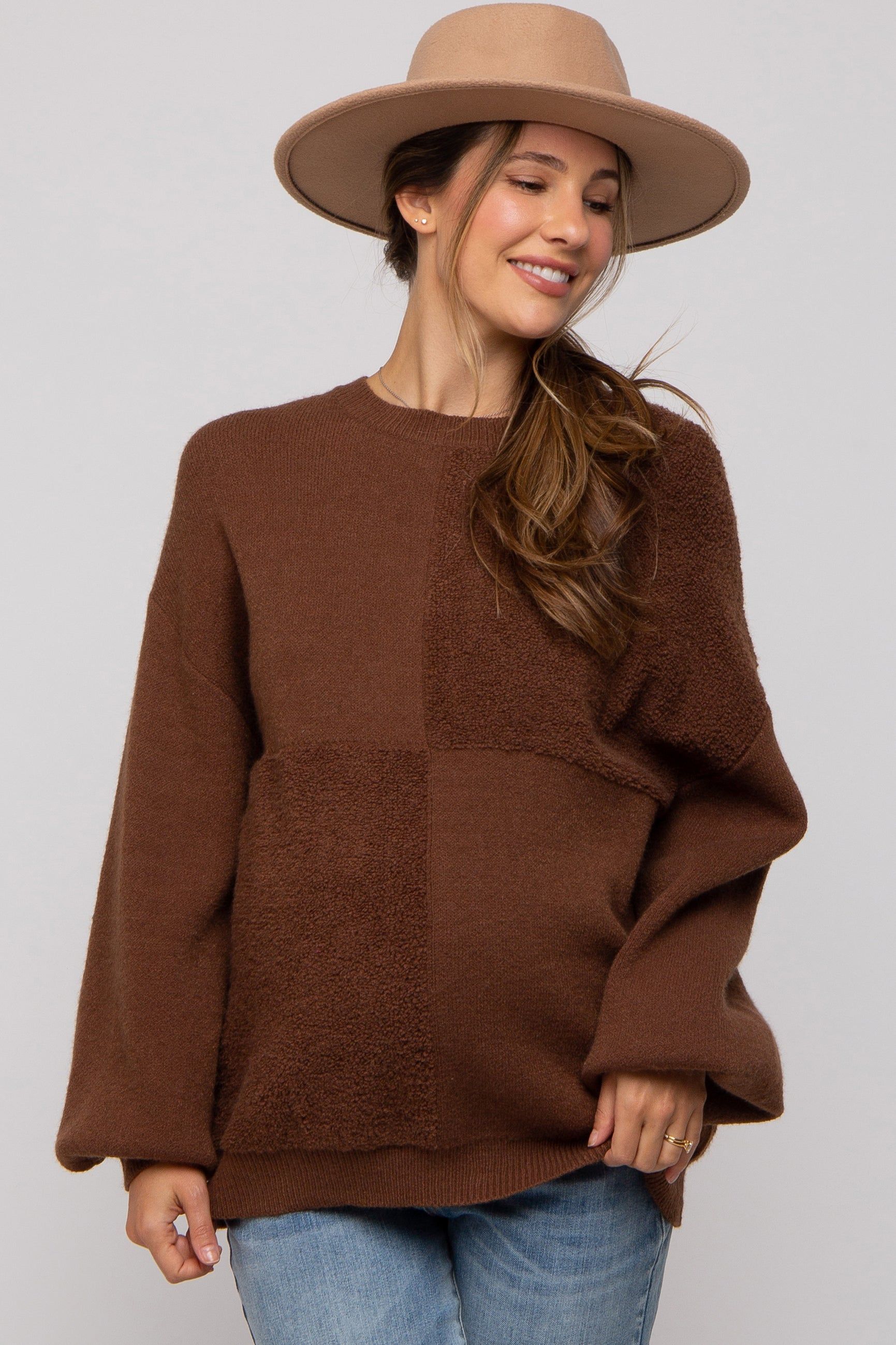 Brown Textured Checker Maternity Sweater sold by Pinkblush