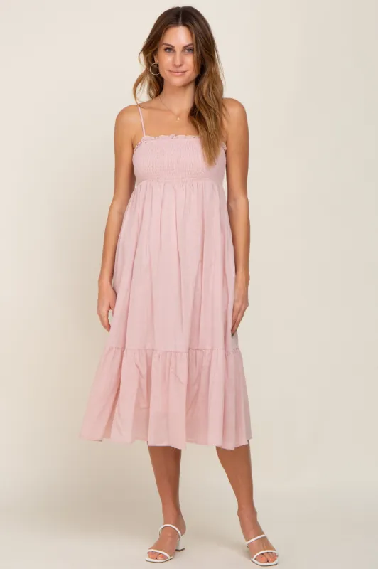 Light Pink Smocked Sleeveless Linen Midi Dress sold by Pinkblush