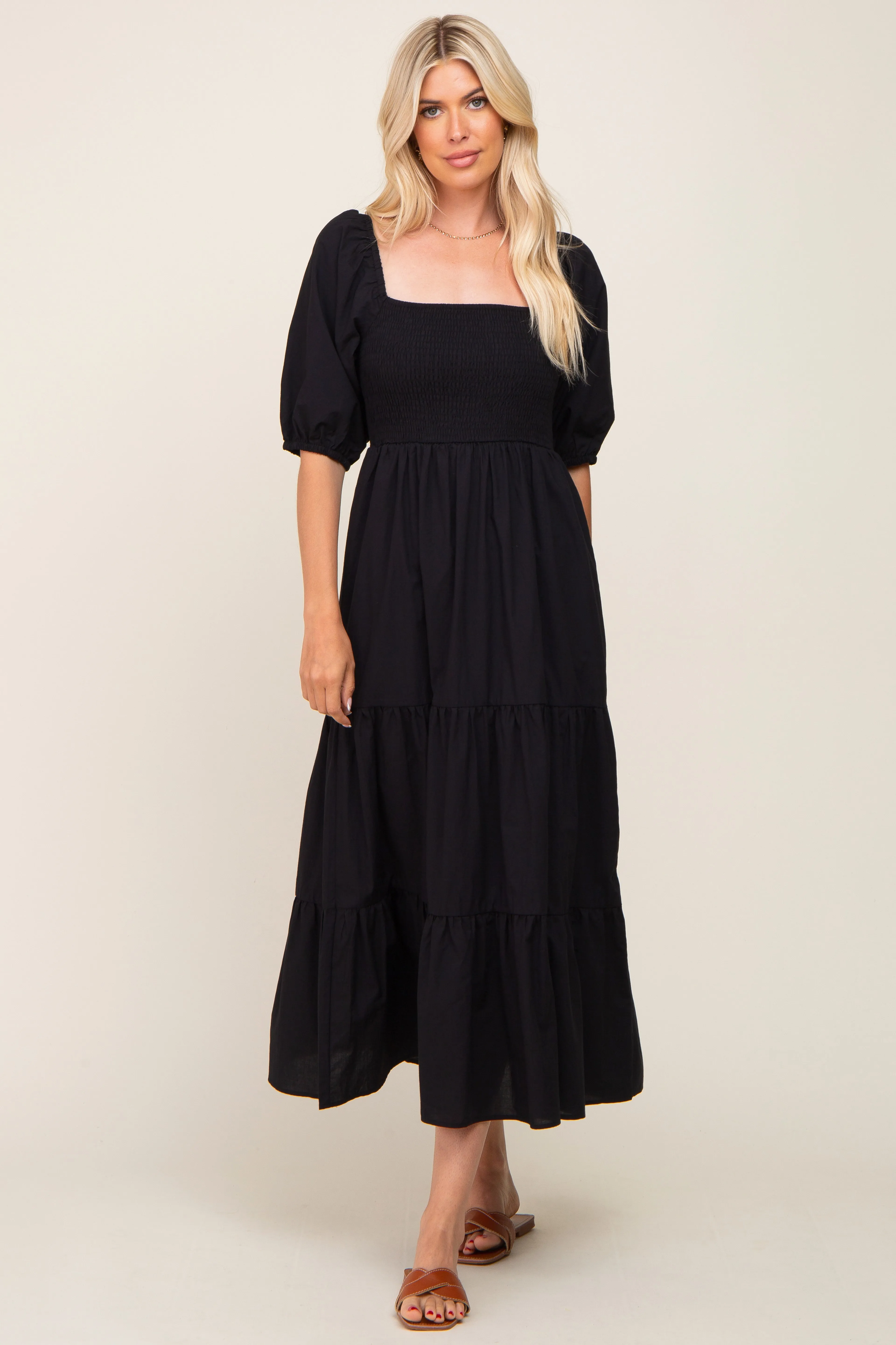 Black Square Neck Smocked Tiered Maxi Dress sold by Pinkblush product image thumbnail 4