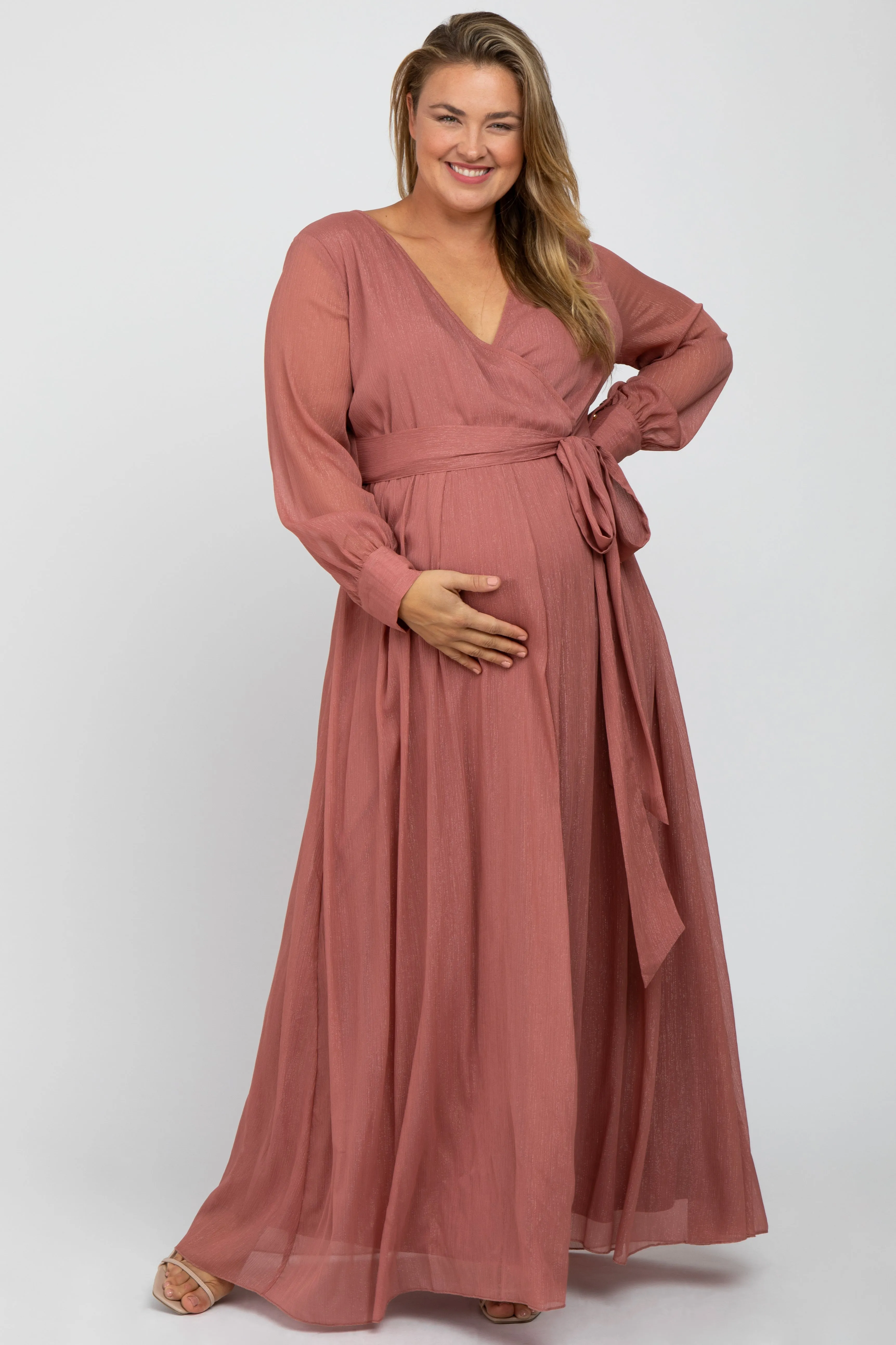 Pink Metallic Chiffon Maternity Plus Maxi Dress sold by Pinkblush