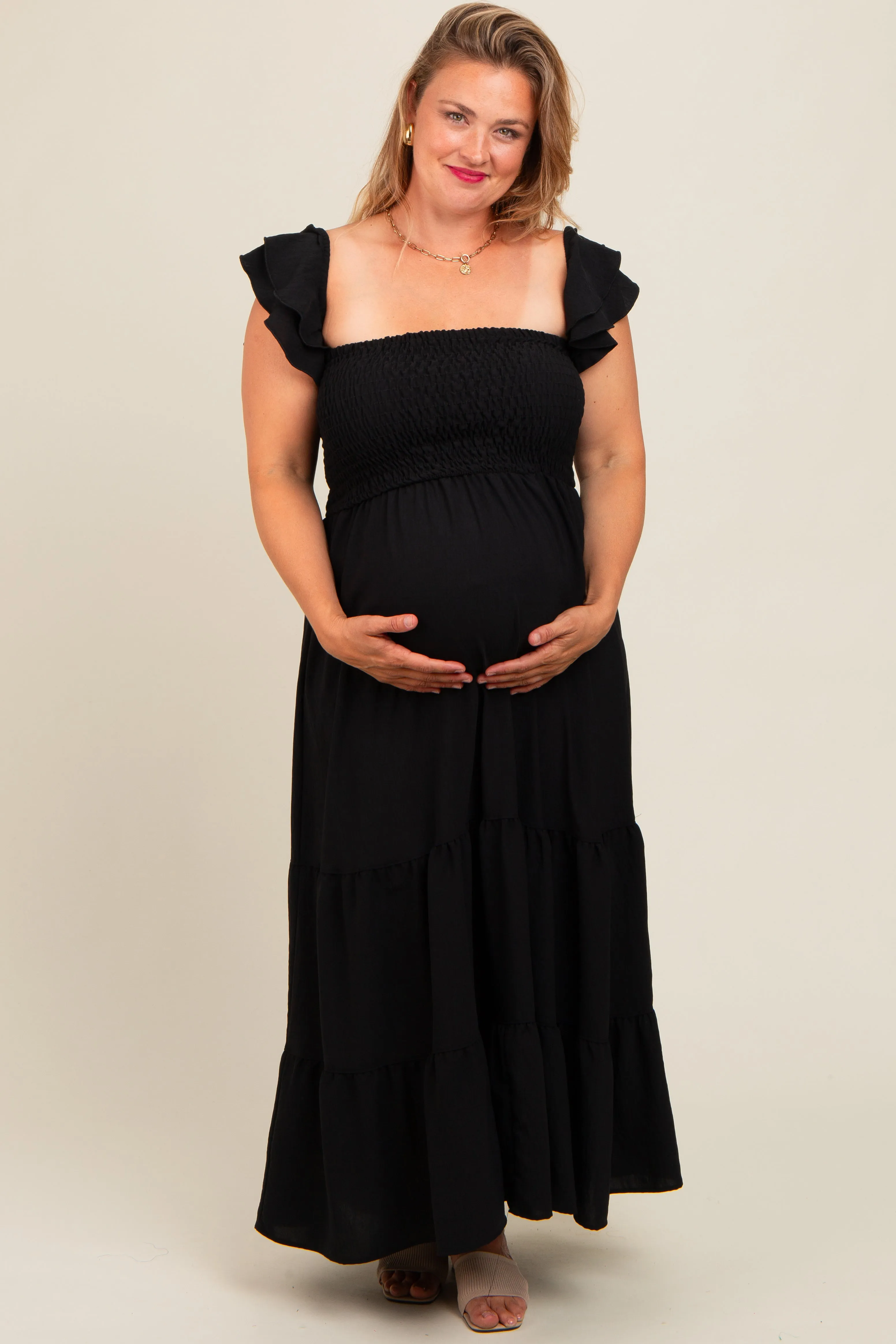 Black Smocked Ruffle Layered Short Sleeve Tiered Maternity Maxi Dress sold by Pinkblush product image thumbnail 2