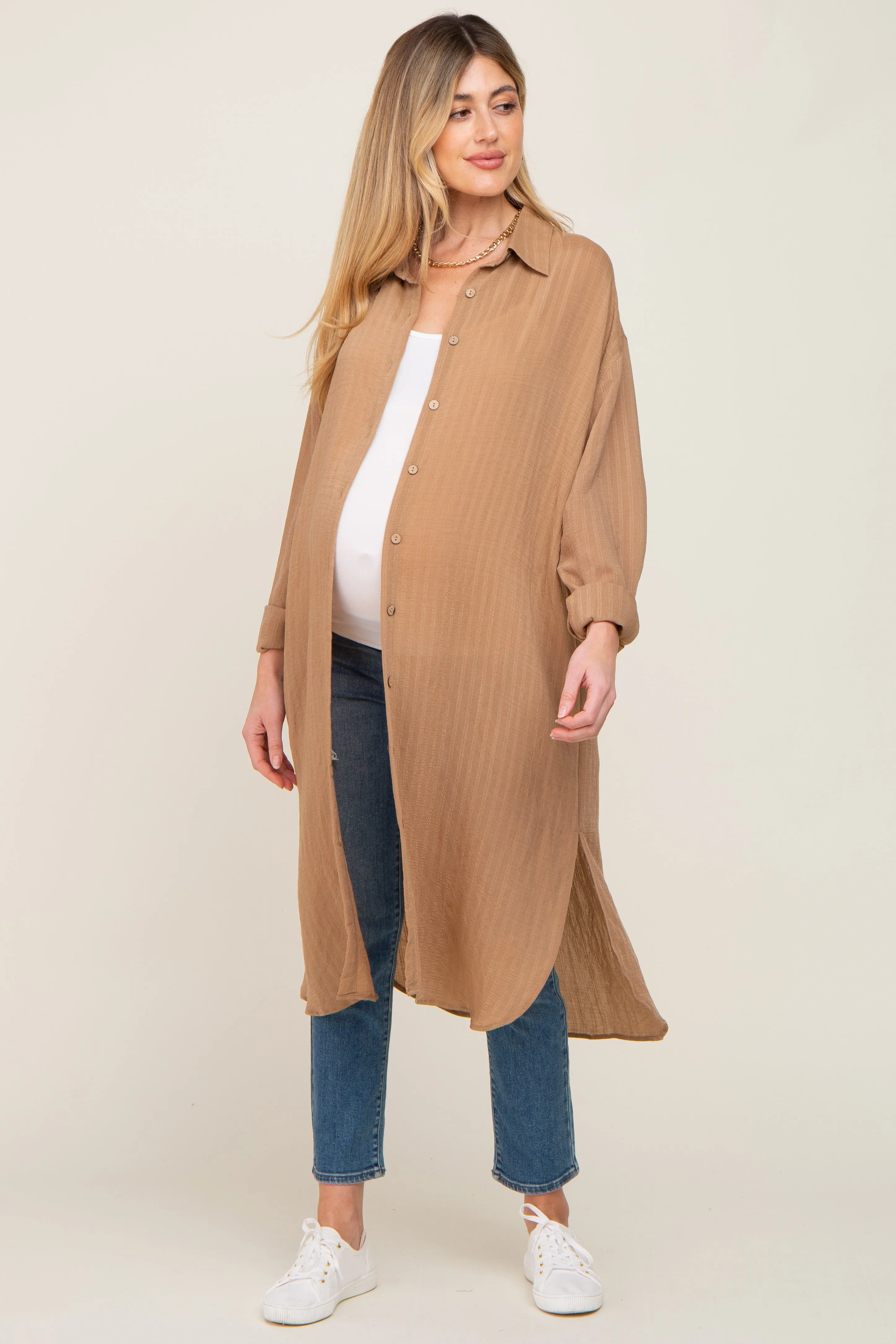 Taupe Striped Lightweight Button Down Maternity Top sold by Pinkblush product image thumbnail 2