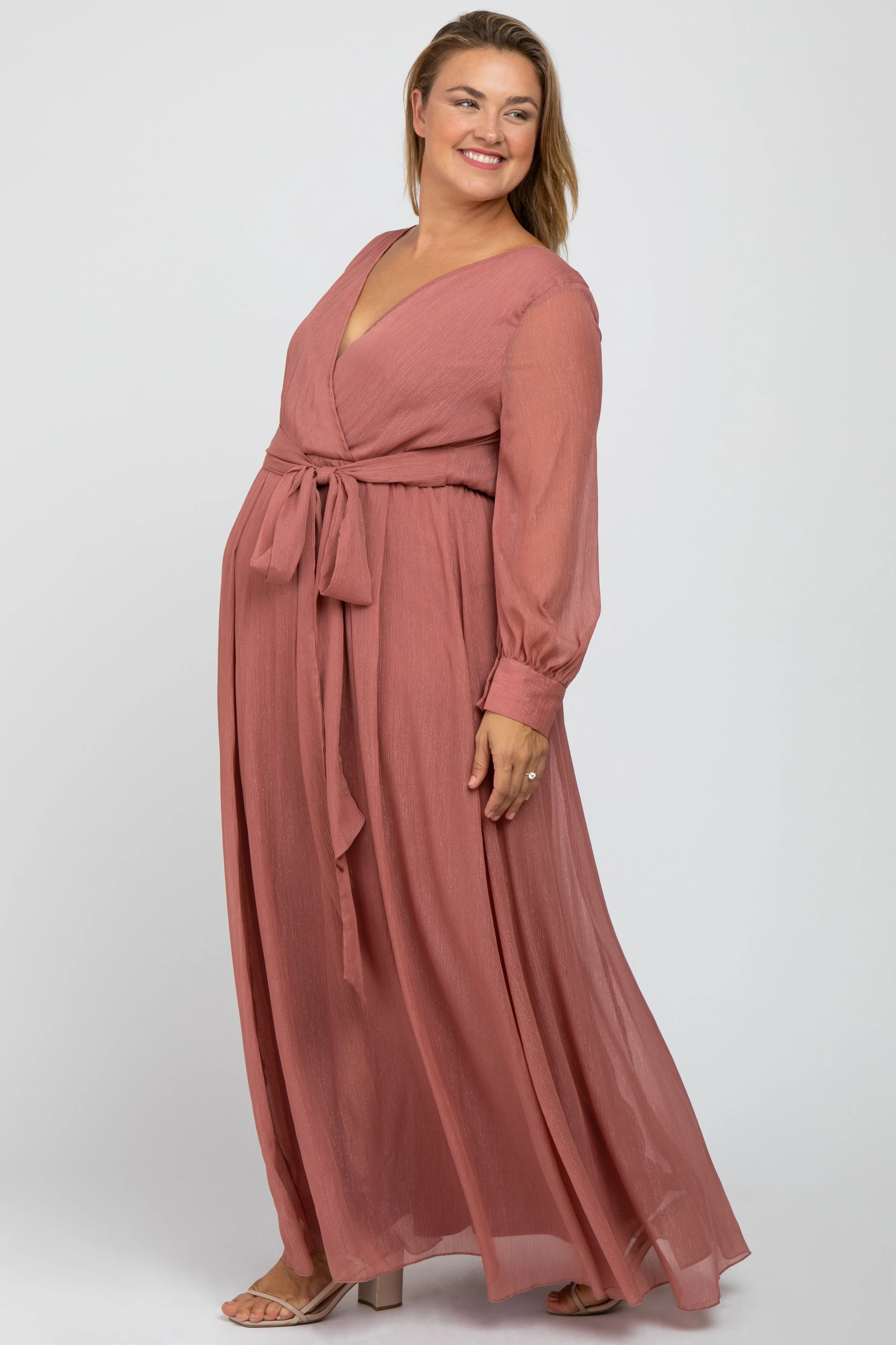 Pink Metallic Chiffon Maternity Plus Maxi Dress sold by Pinkblush product image thumbnail 2