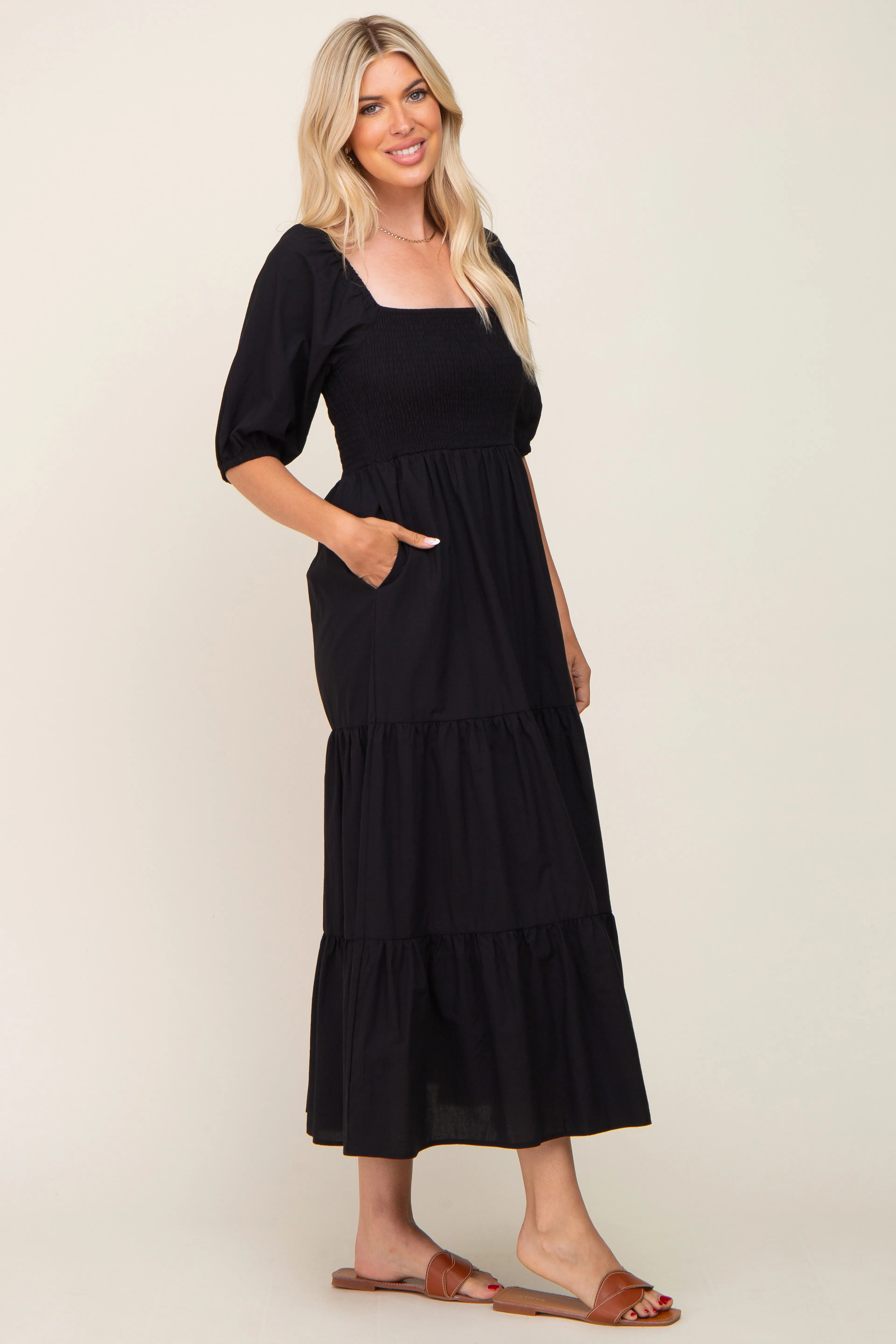 Black Square Neck Smocked Tiered Maxi Dress sold by Pinkblush product image thumbnail 2
