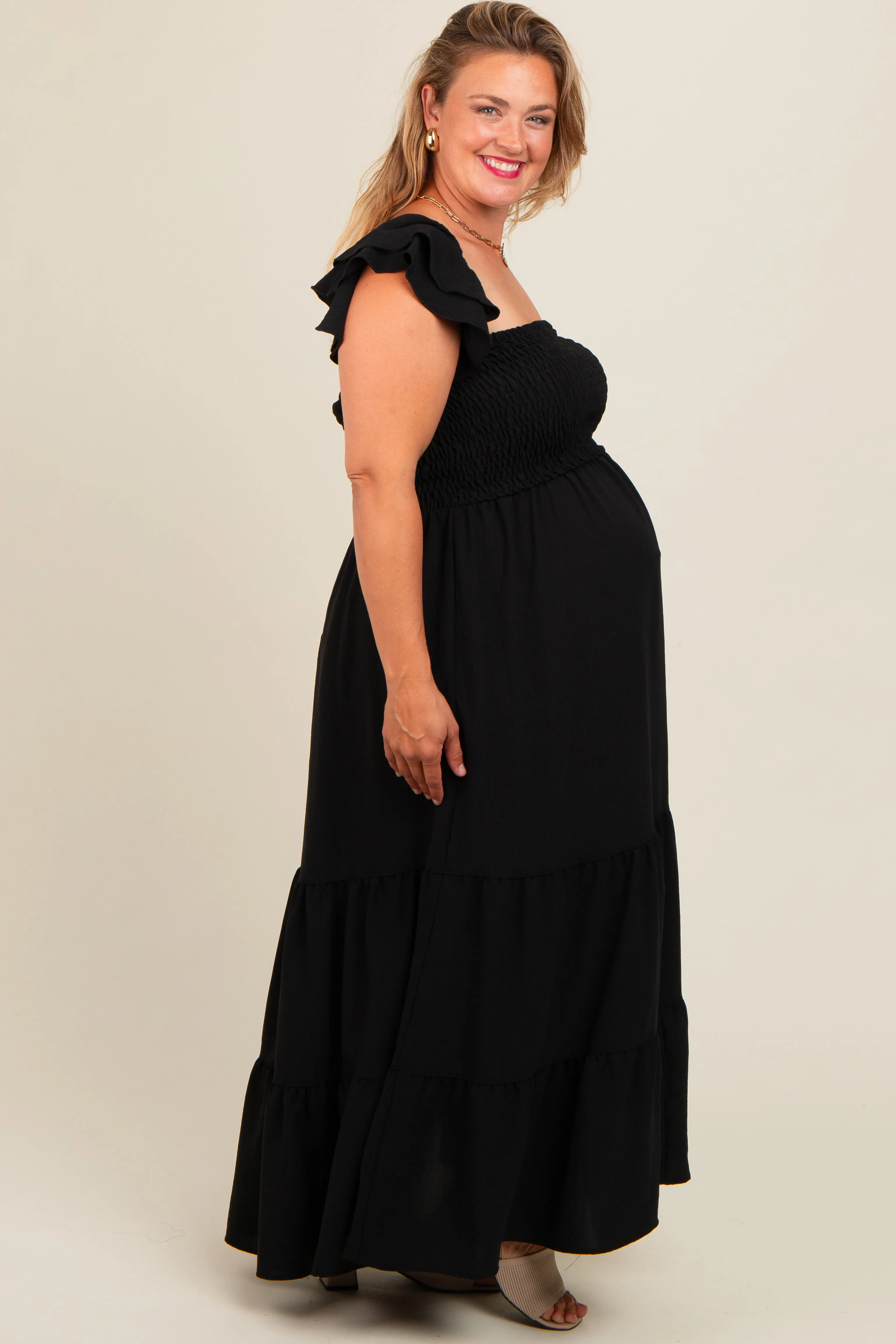 Black Smocked Ruffle Layered Short Sleeve Tiered Maternity Maxi Dress sold by Pinkblush product image thumbnail 3