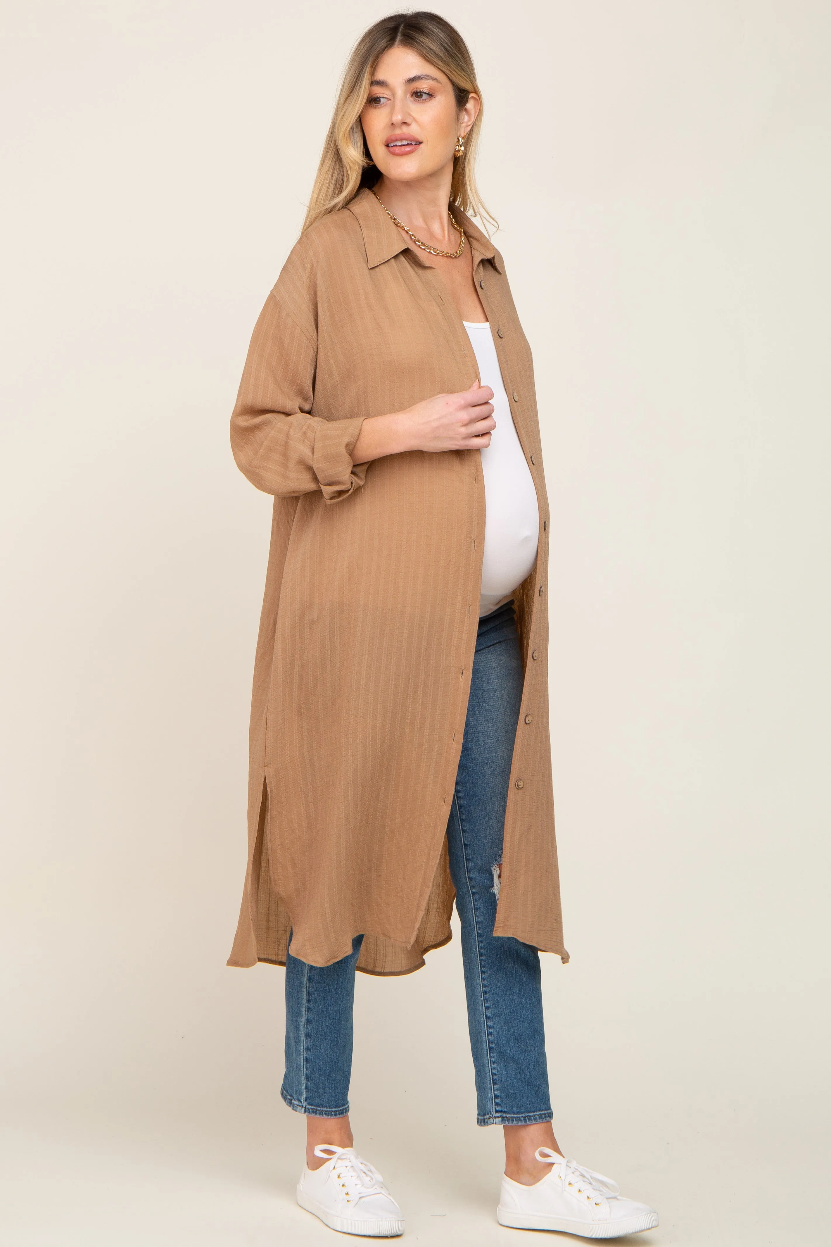 Taupe Striped Lightweight Button Down Maternity Top sold by Pinkblush product image thumbnail 3
