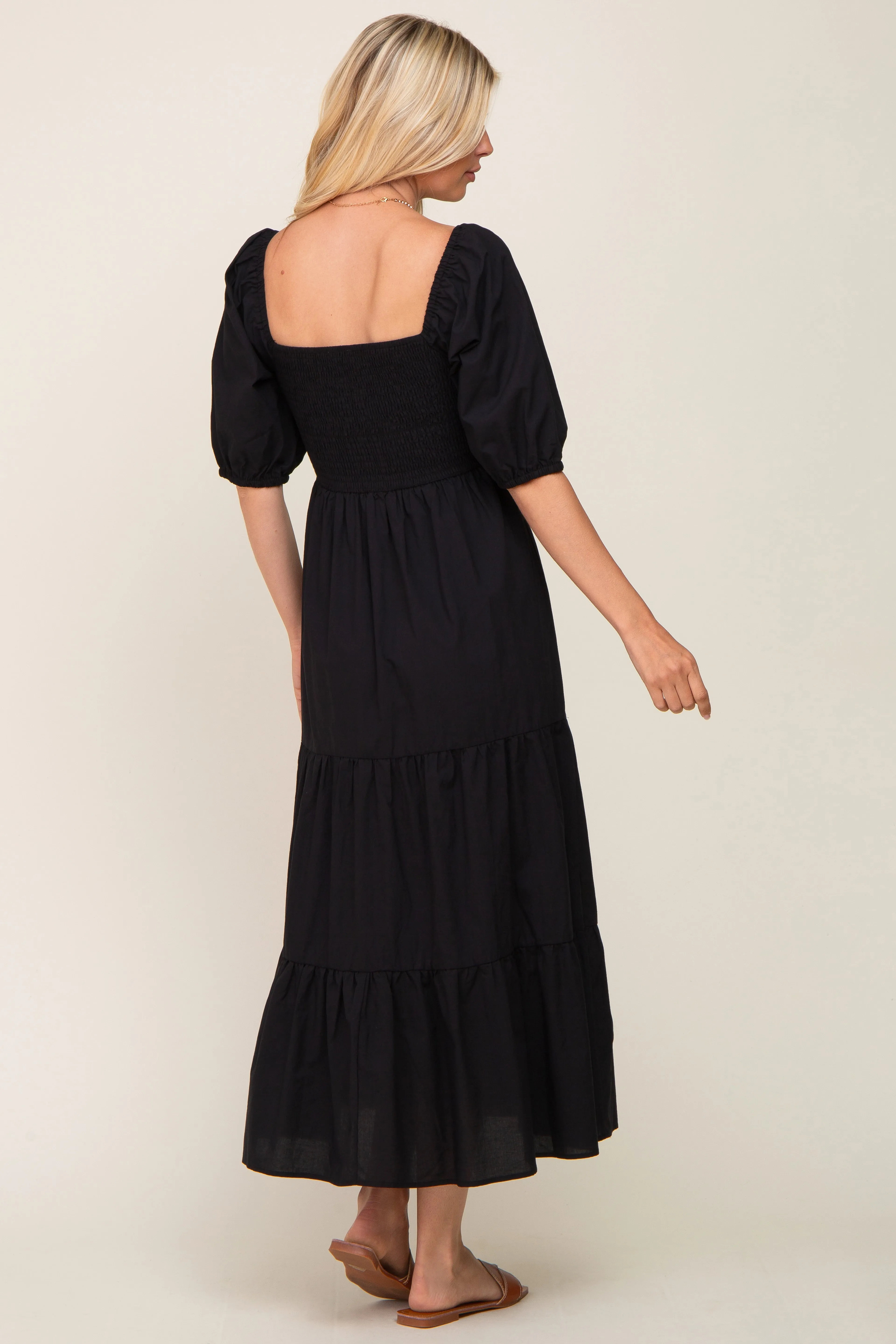 Black Square Neck Smocked Tiered Maxi Dress sold by Pinkblush product image thumbnail 3