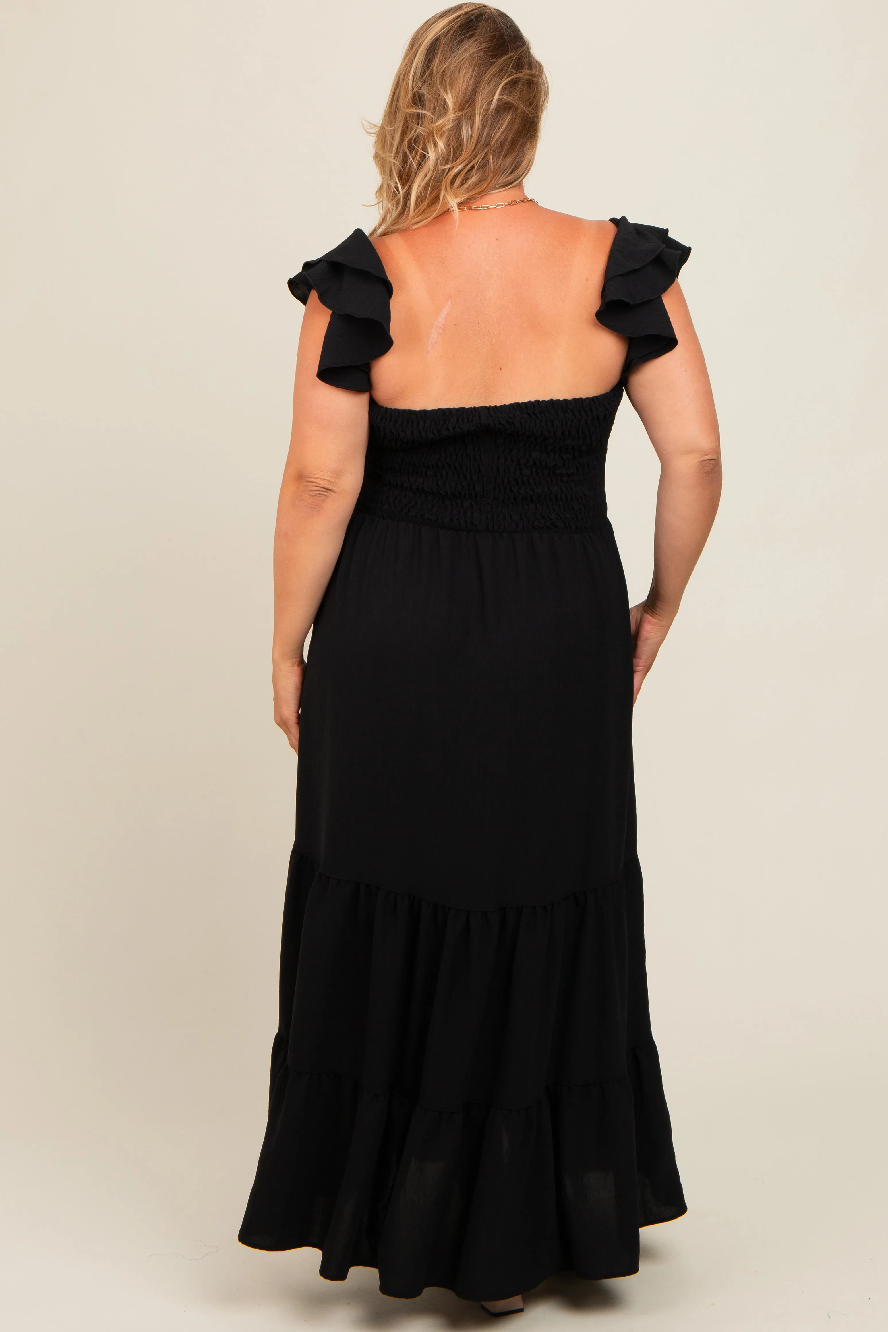 Black Smocked Ruffle Layered Short Sleeve Tiered Maternity Maxi Dress sold by Pinkblush product image thumbnail 4