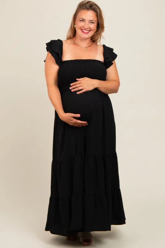 Black Smocked Ruffle Layered Short Sleeve Tiered Maternity Maxi Dress sold by Pinkblush