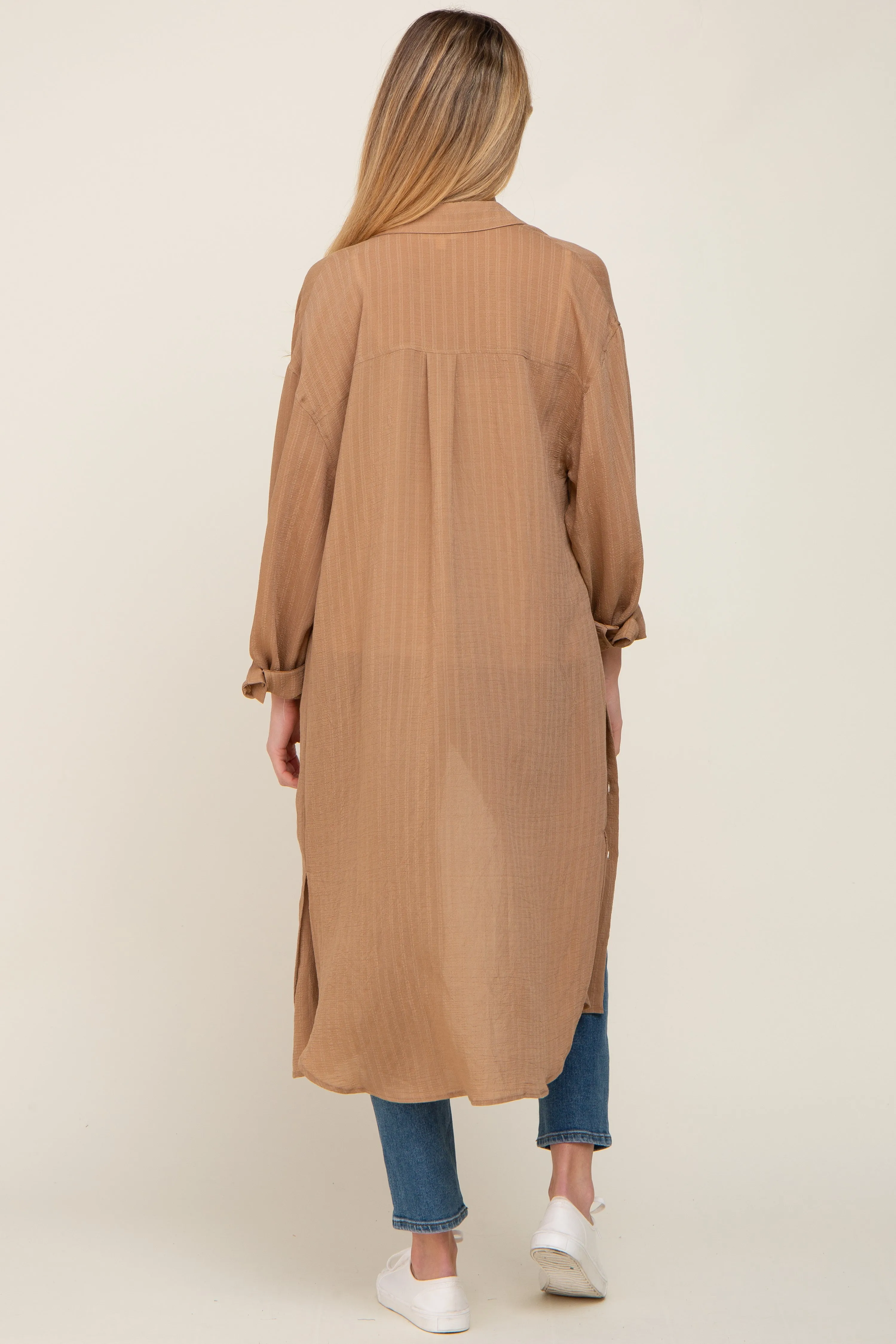 Taupe Striped Lightweight Button Down Maternity Top sold by Pinkblush product image thumbnail 4