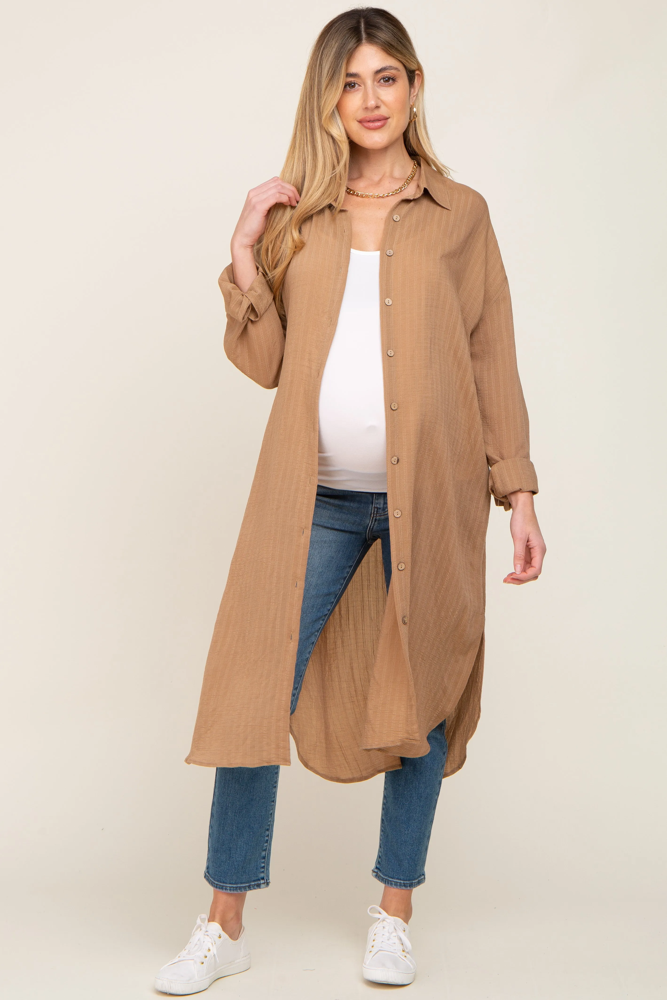 Taupe Striped Lightweight Button Down Maternity Top sold by Pinkblush