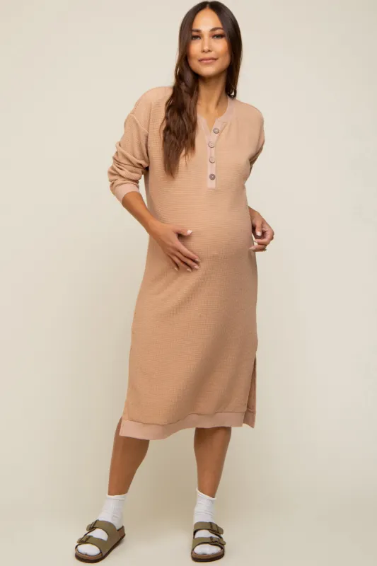 Taupe Waffle Knit Long Sleeve Maternity Midi Dress sold by Pinkblush
