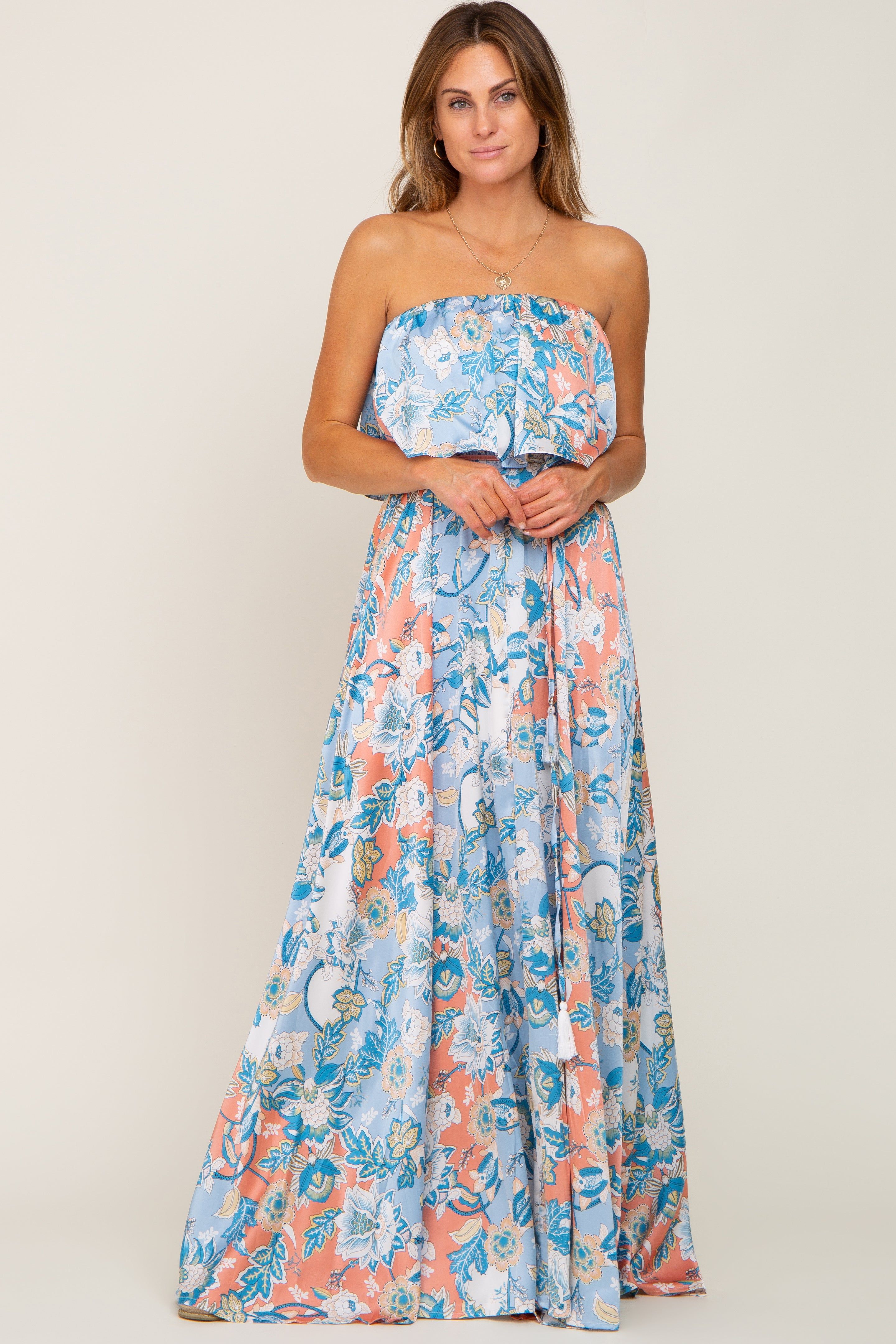 Blue Floral Satin Strapless Front Tie Maxi Dress sold by Pinkblush product image thumbnail 5