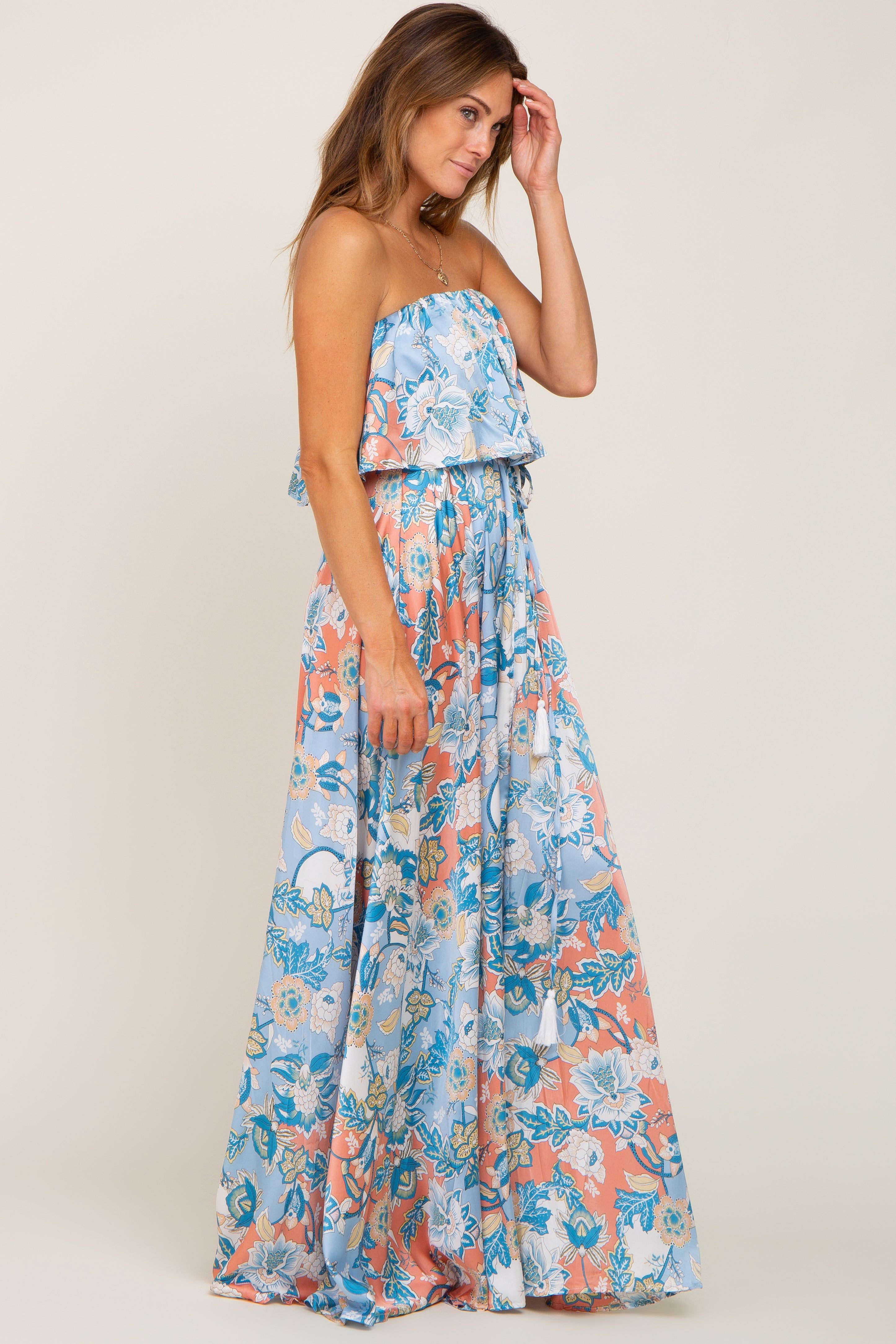 Blue Floral Satin Strapless Front Tie Maxi Dress sold by Pinkblush product image thumbnail 2