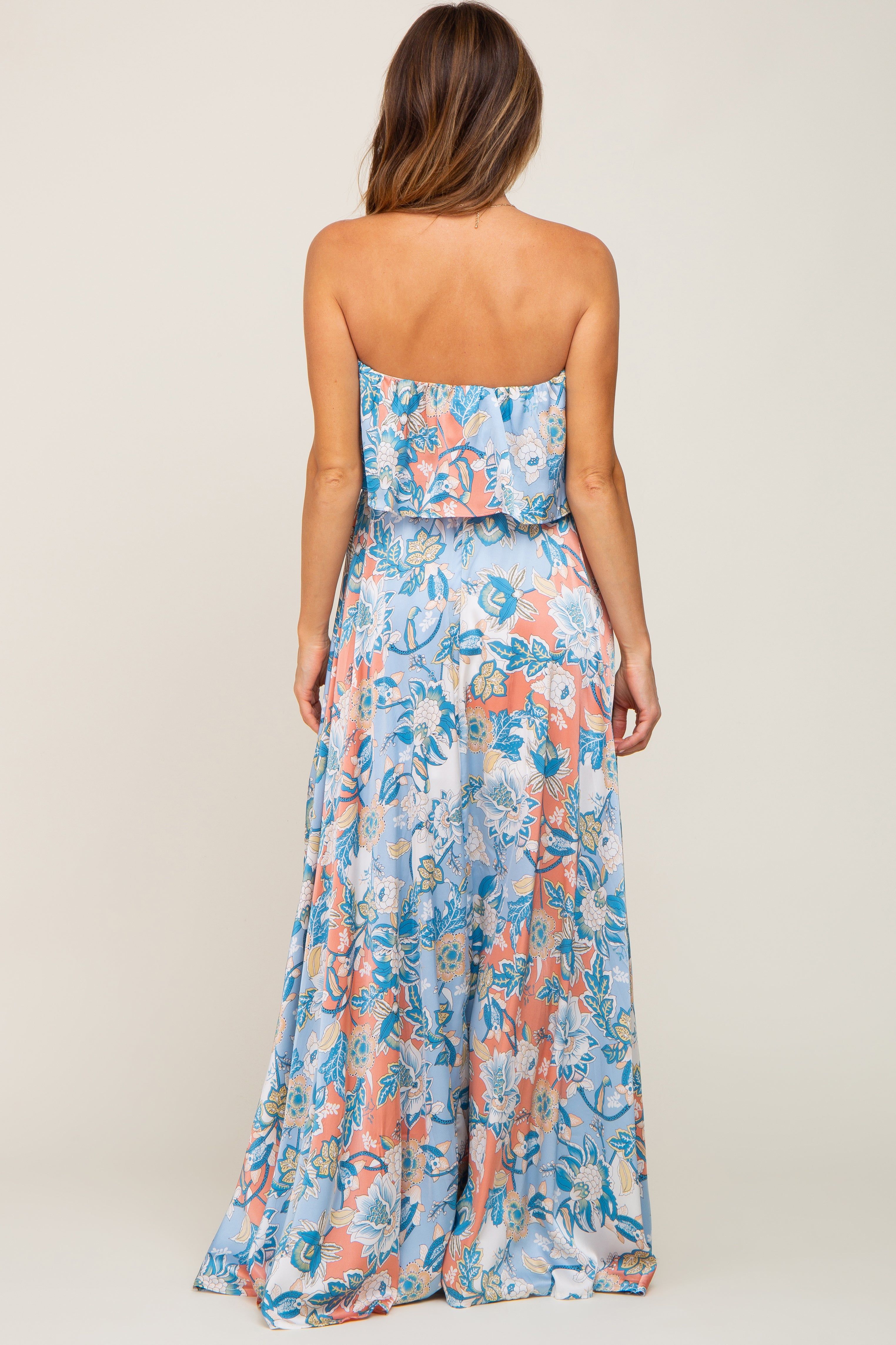Blue Floral Satin Strapless Front Tie Maxi Dress sold by Pinkblush product image thumbnail 3