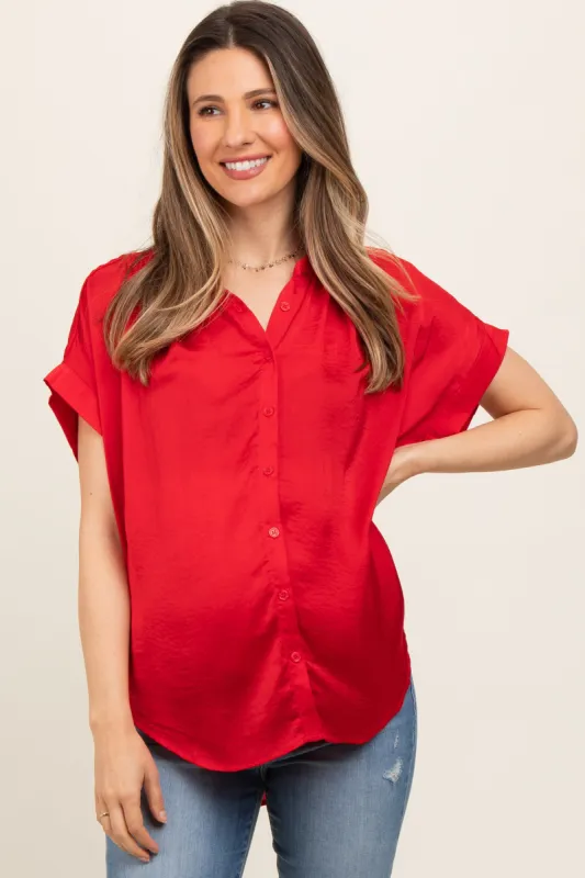 Red Satin Button Front Collared Short Sleeve Maternity Top sold by Pinkblush