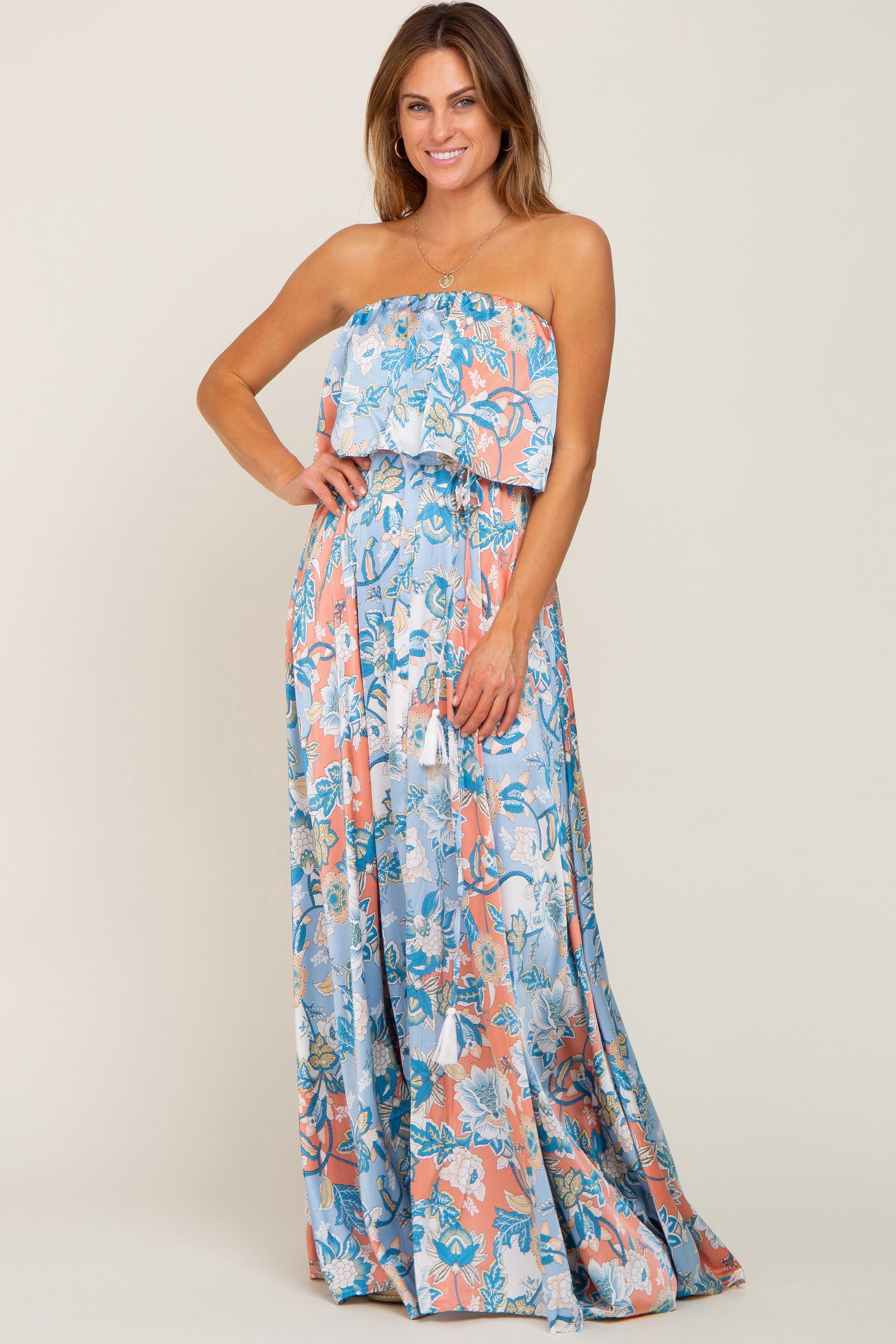 Blue Floral Satin Strapless Front Tie Maxi Dress sold by Pinkblush