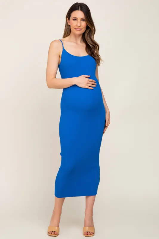 Royal Blue Ribbed Cutout Back Maternity Midi Dress sold by Pinkblush