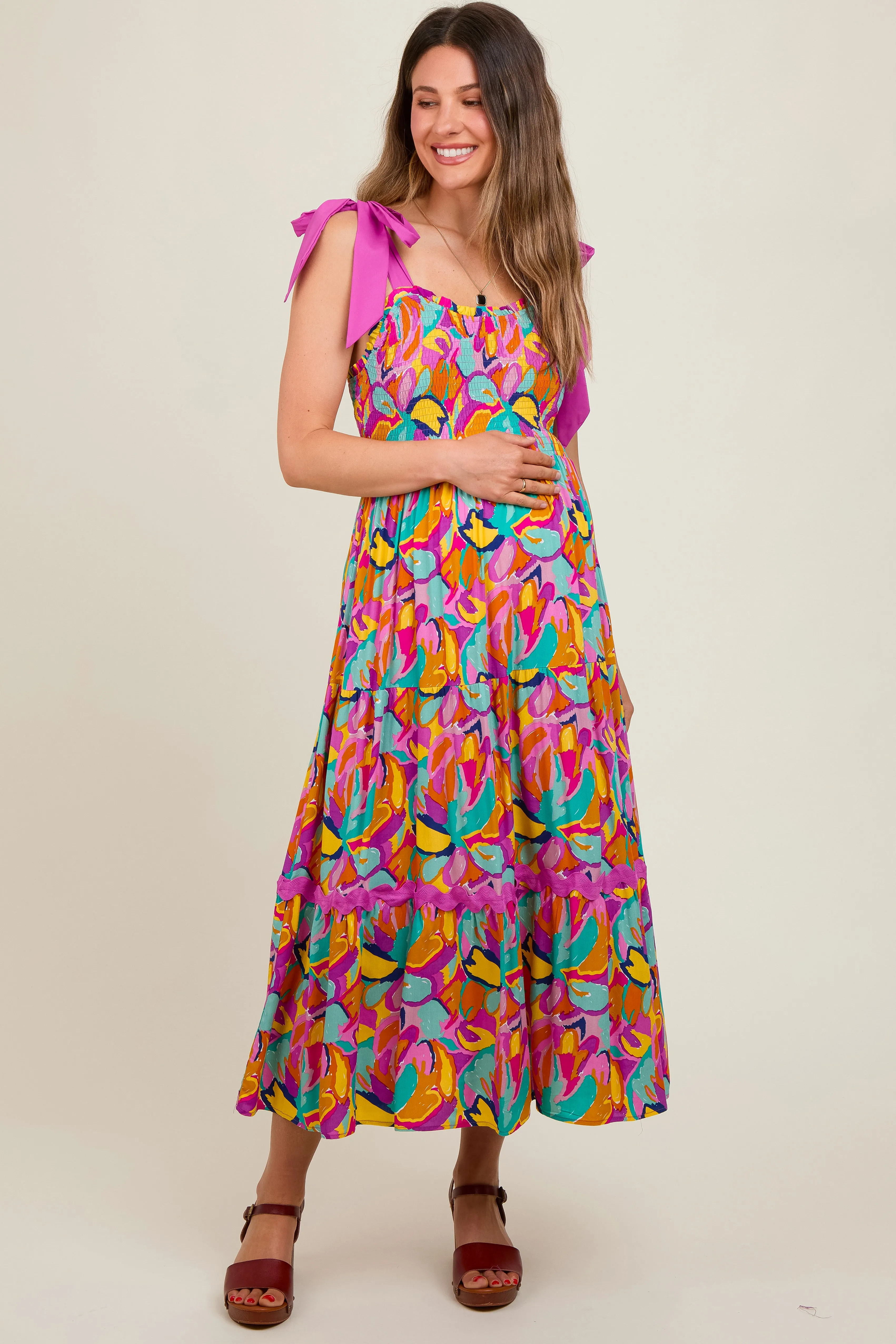 Pink Green Fitted Maternity Midi Dress sold by Pinkblush