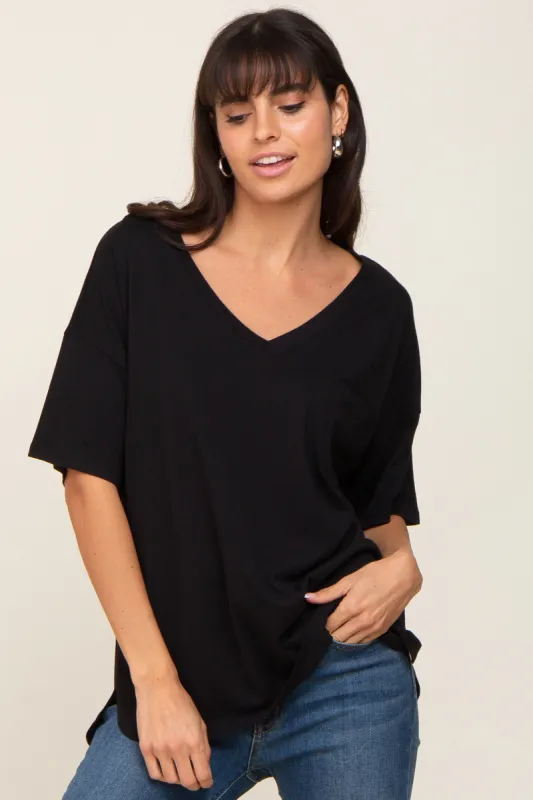 Black Pocketed V-Neck Top sold by Pinkblush