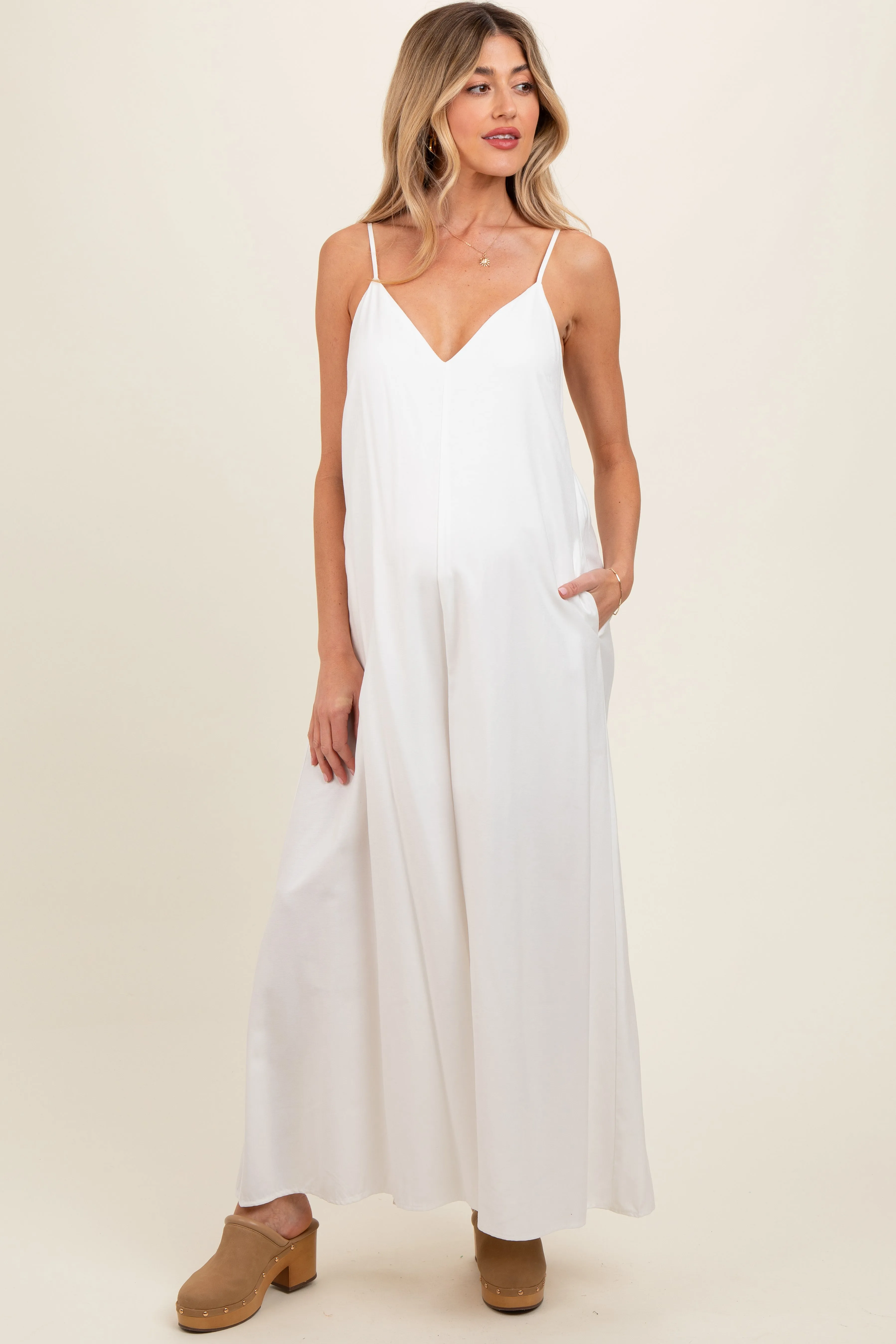 Ivory V-Neck Sleeveless Wide Leg Maternity Jumpsuit sold by Pinkblush