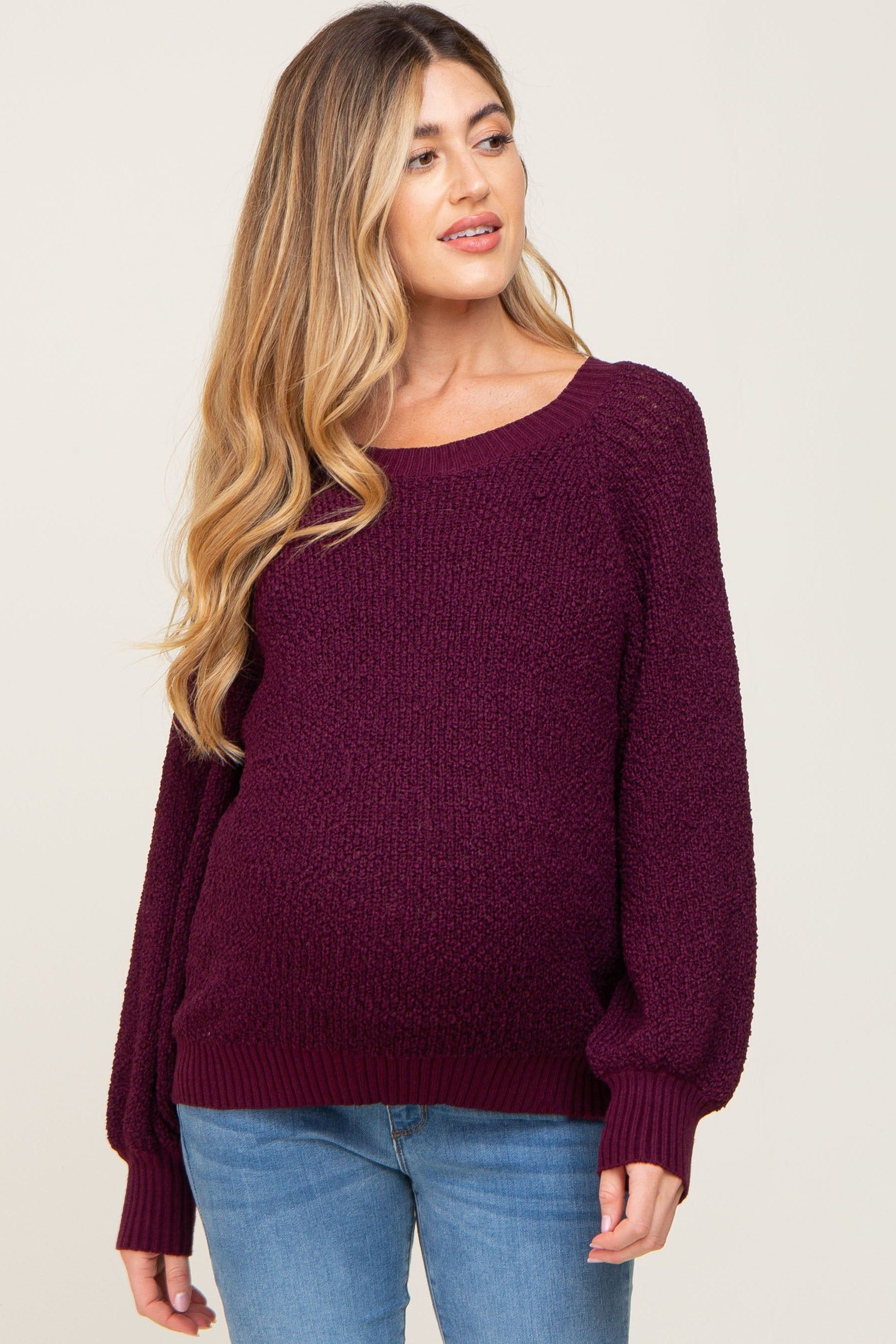 Plum Popcorn Knit Raglan Maternity Sweater sold by Pinkblush