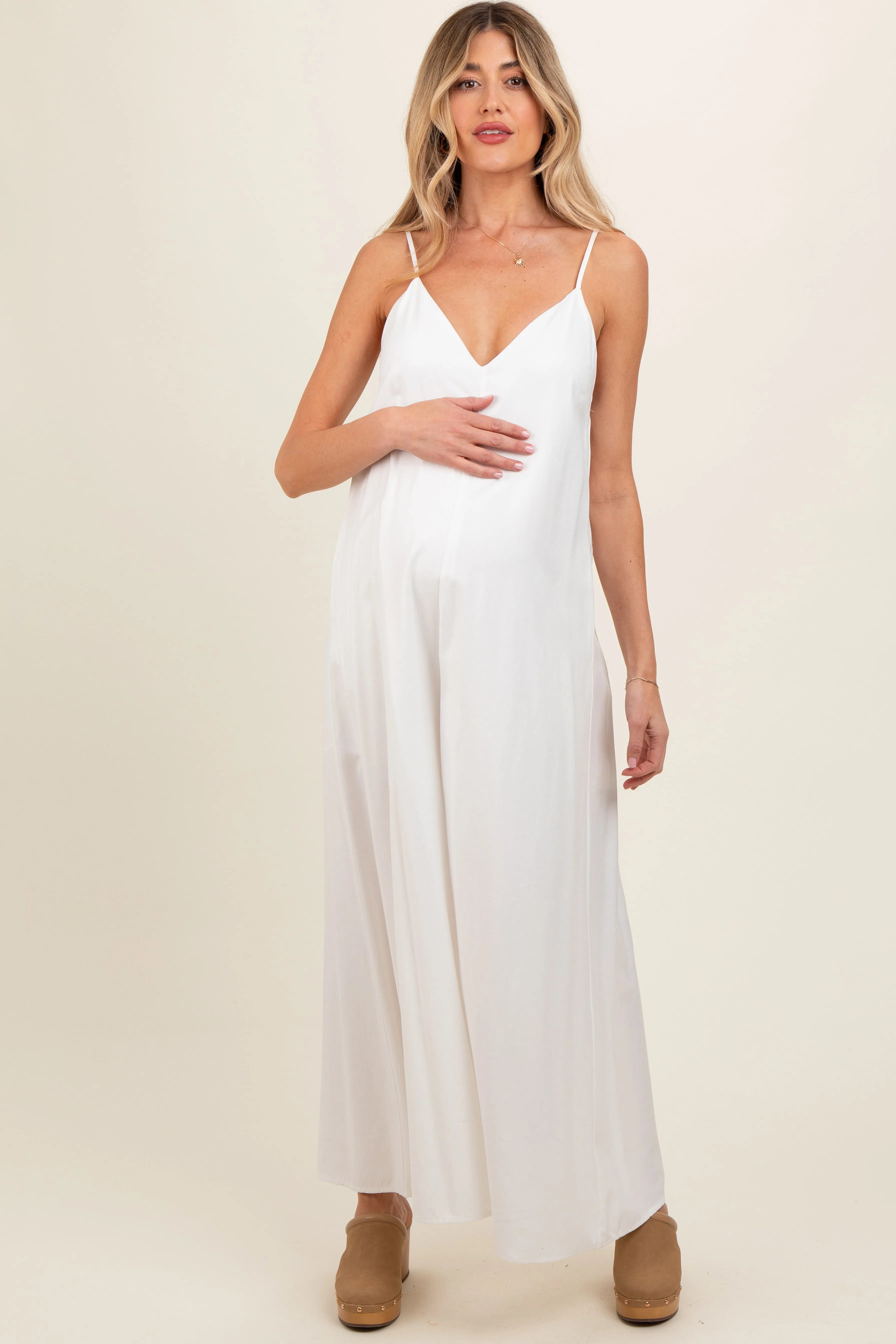 Ivory V-Neck Sleeveless Wide Leg Maternity Jumpsuit sold by Pinkblush product image thumbnail 2