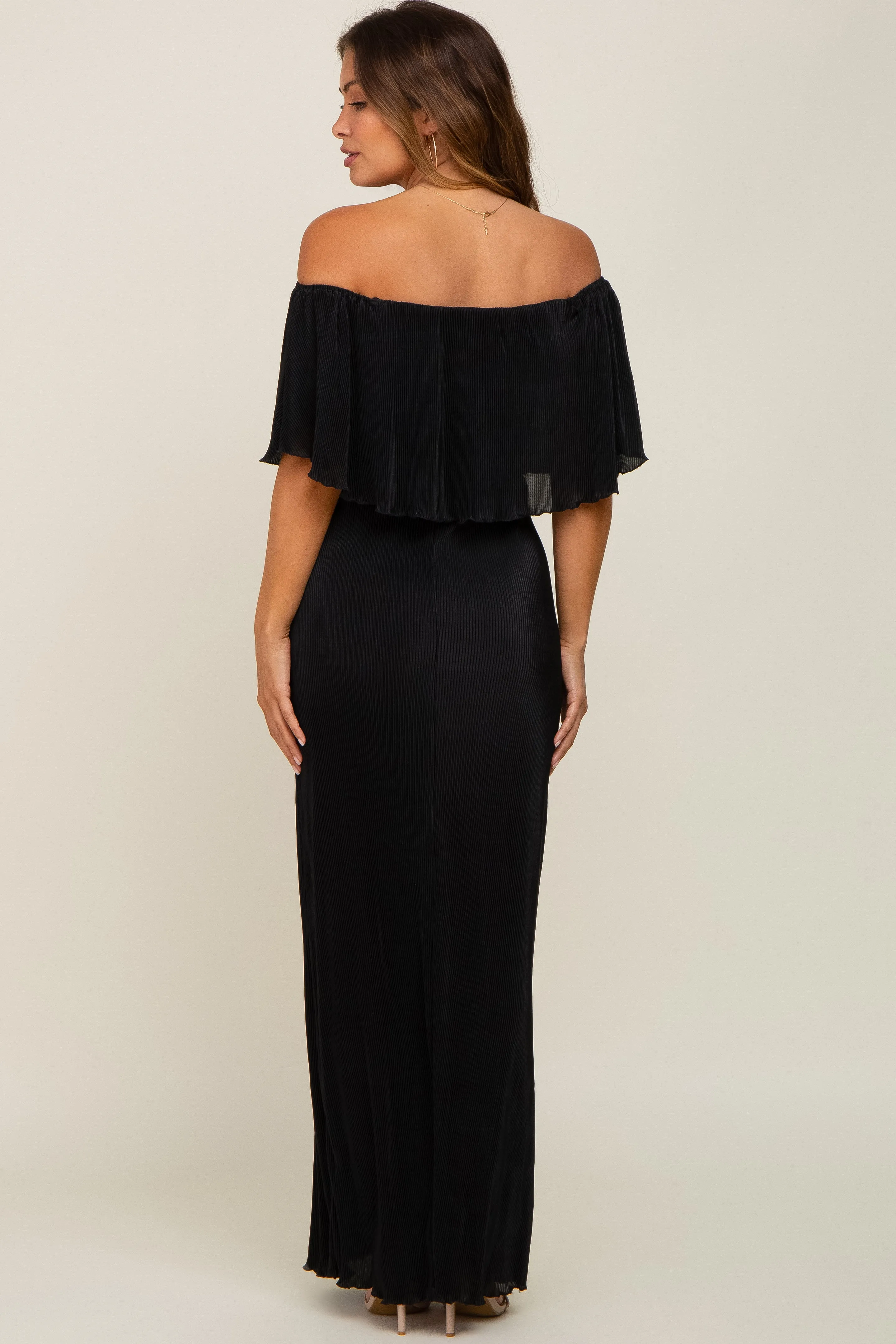 Black Pleated Ruffle Off Shoulder Maternity Maxi Dress sold by Pinkblush product image thumbnail 4