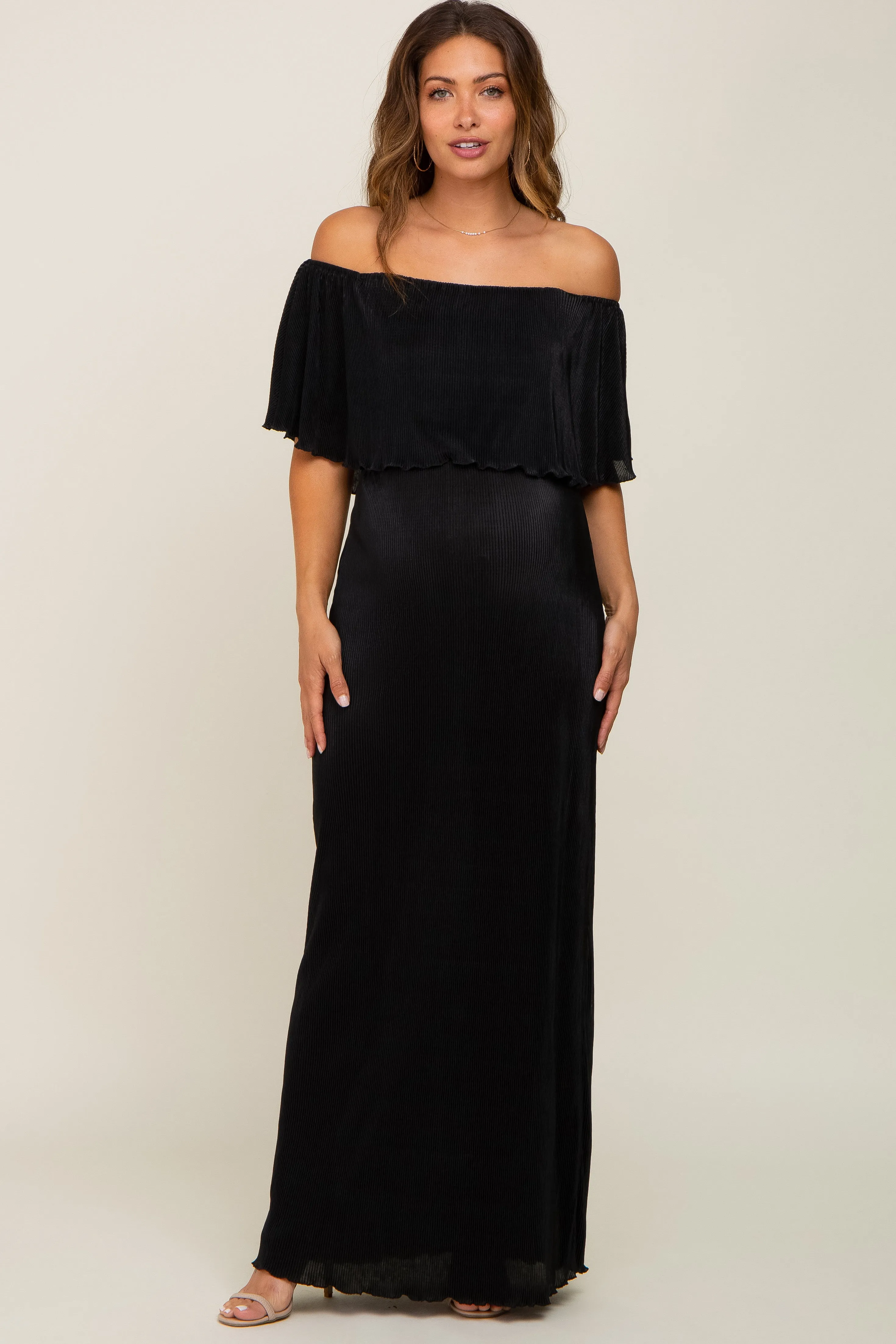 Black Pleated Ruffle Off Shoulder Maternity Maxi Dress sold by Pinkblush
