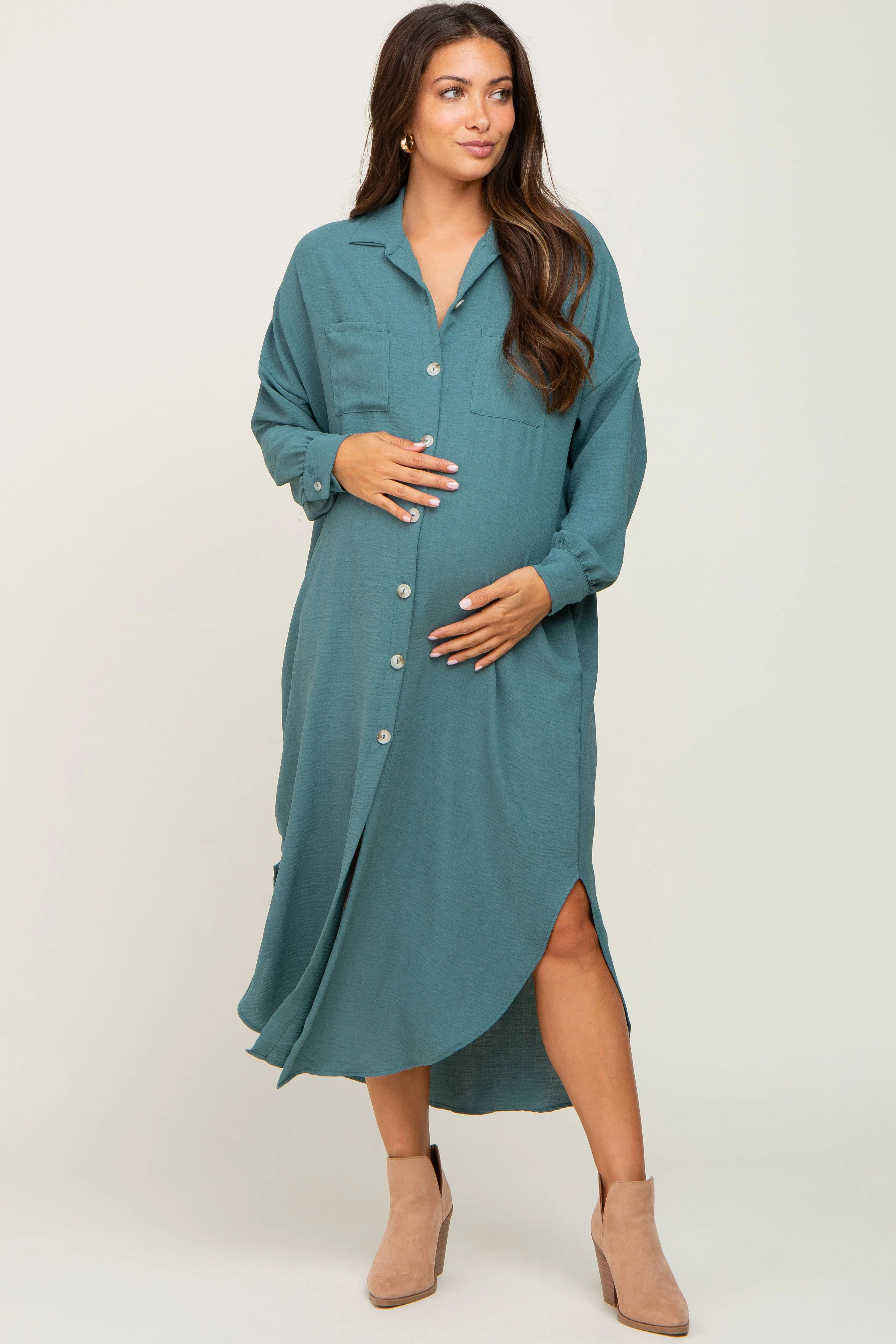 Teal Button Down Front Pocket Maternity Midi Dress sold by Pinkblush