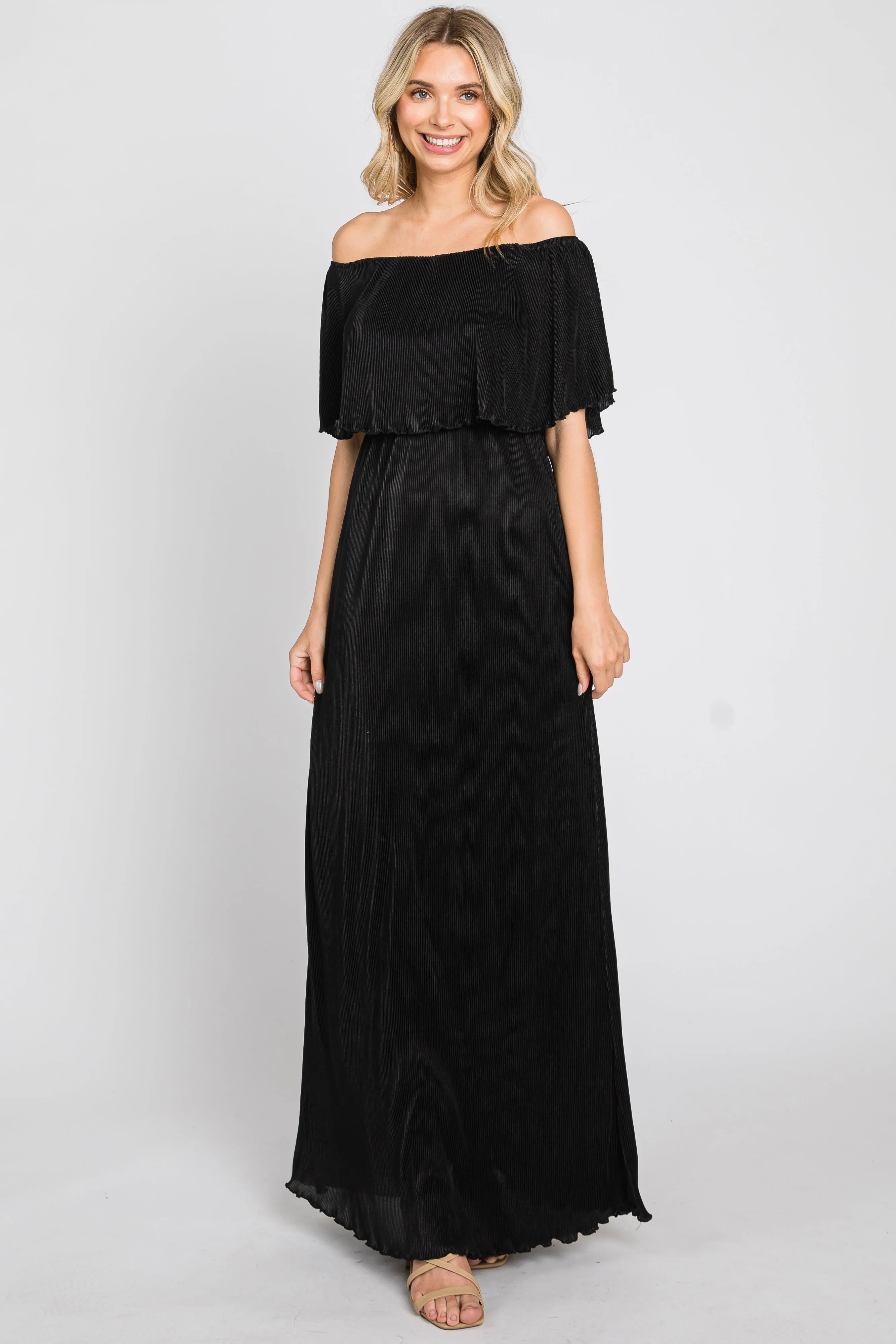 Black Pleated Ruffle Off Shoulder Maternity Maxi Dress sold by Pinkblush product image thumbnail 5