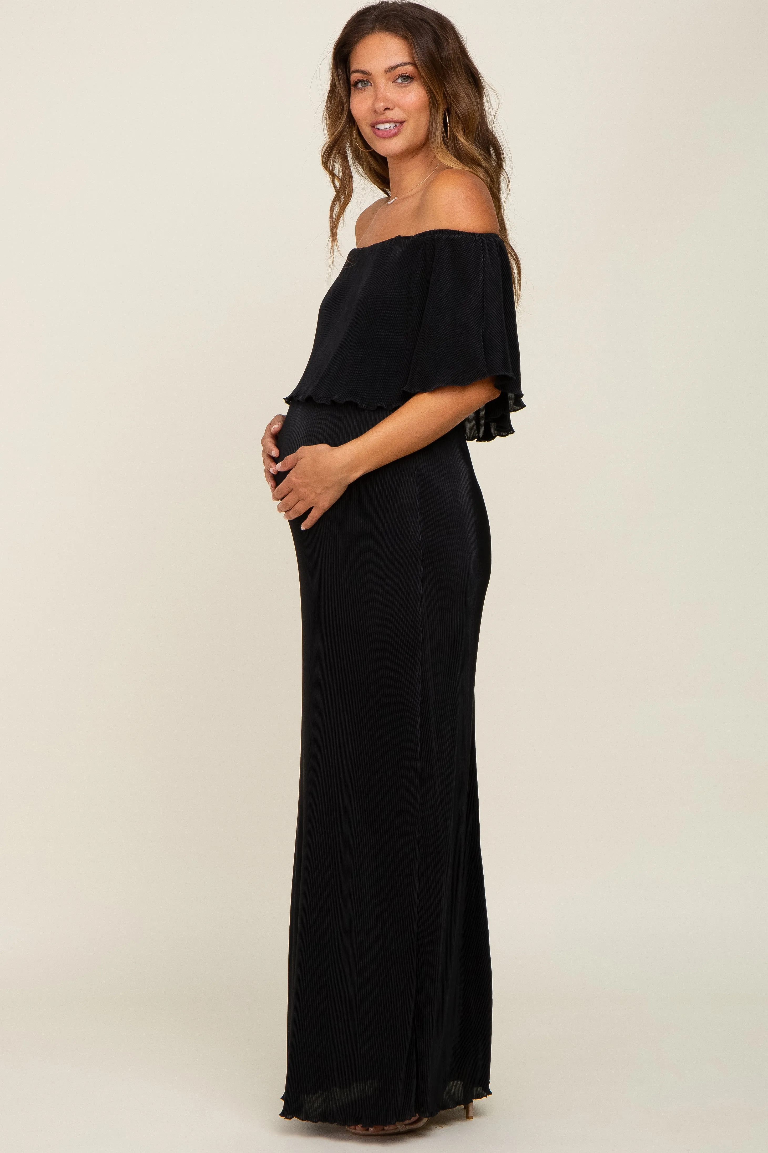 Black Pleated Ruffle Off Shoulder Maternity Maxi Dress sold by Pinkblush product image thumbnail 3