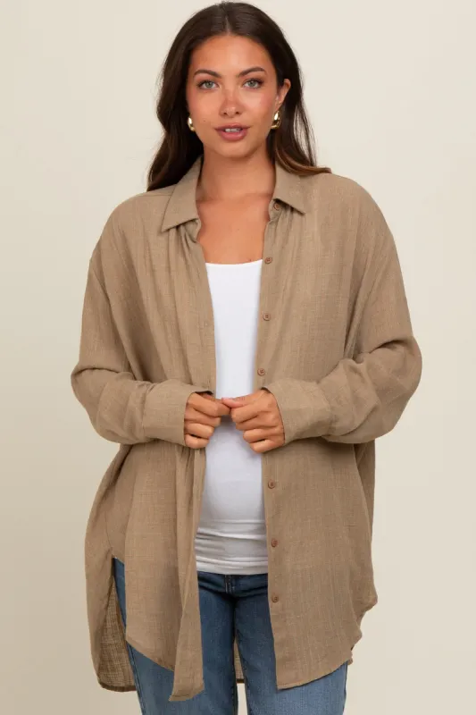 Taupe Lightweight Sheer Button Down Maternity Blouse sold by Pinkblush